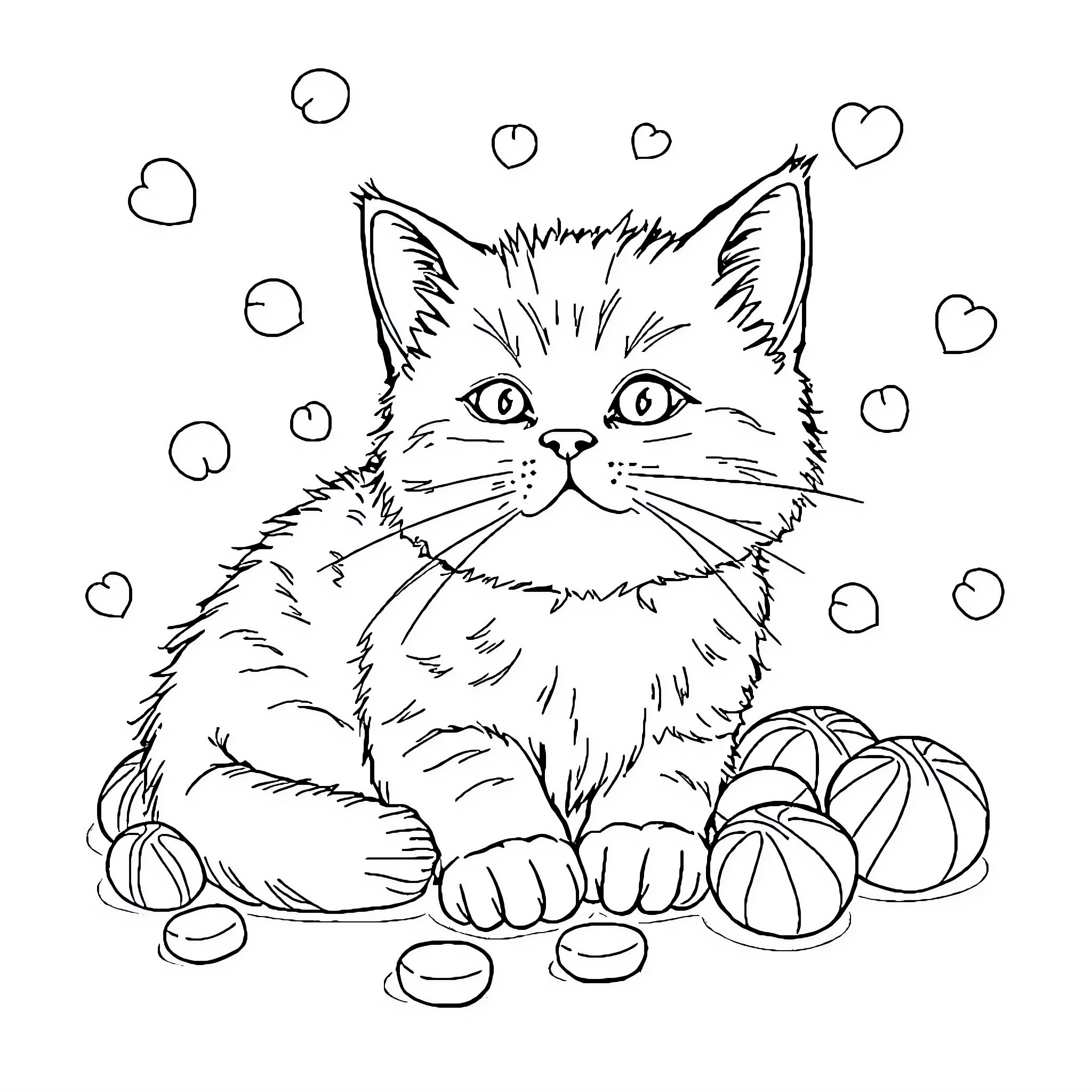 Cat surrounded by playful shapes and hearts Coloring Page (free black-and-white line drawing printable PDF for all, from beginners to advanced learners, including children, teens, adults, and seniors)