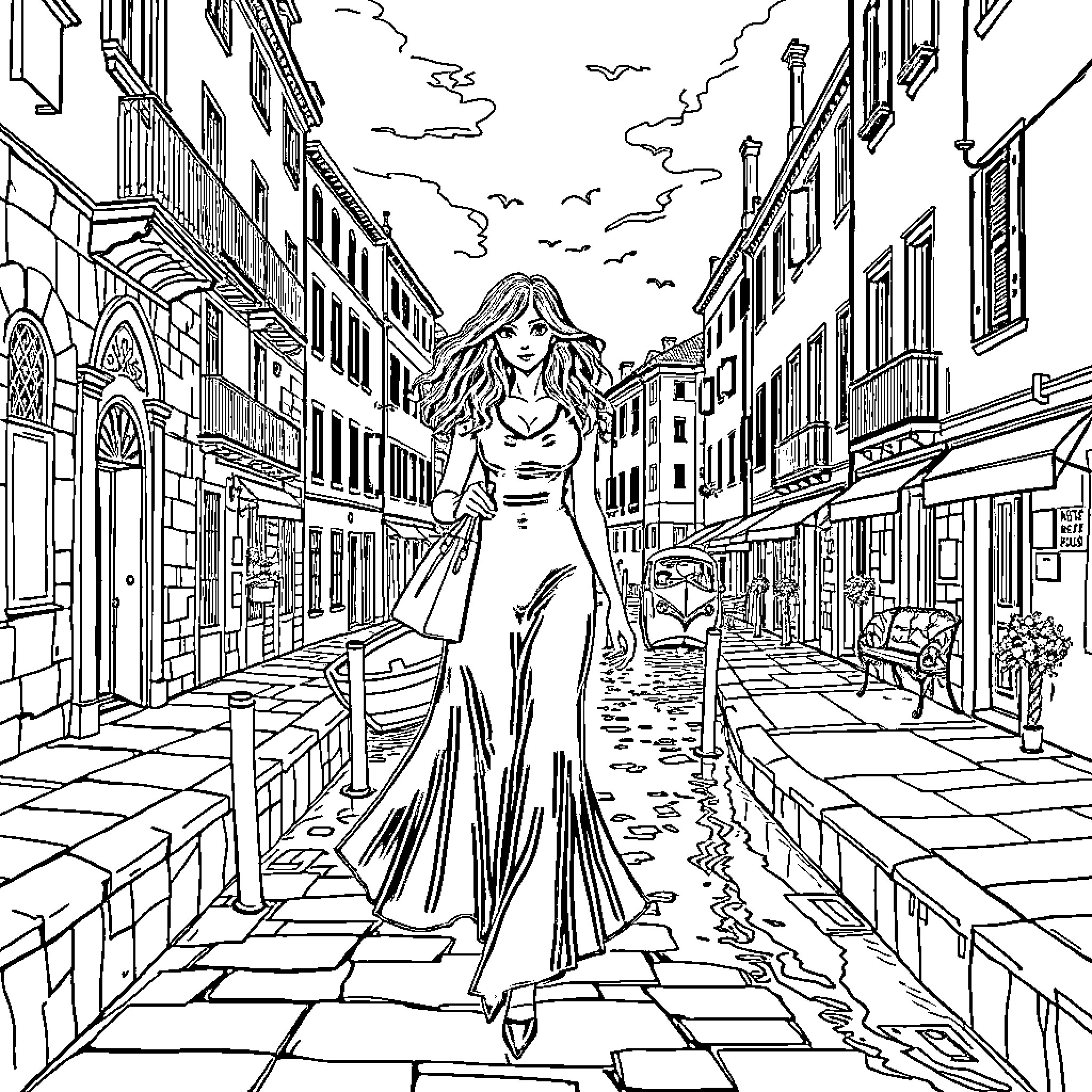 Bellatrix strolling through a whimsical city street Coloring Page (free black-and-white line drawing printable PDF for all, from beginners to advanced learners, including children, teens, adults, and seniors)