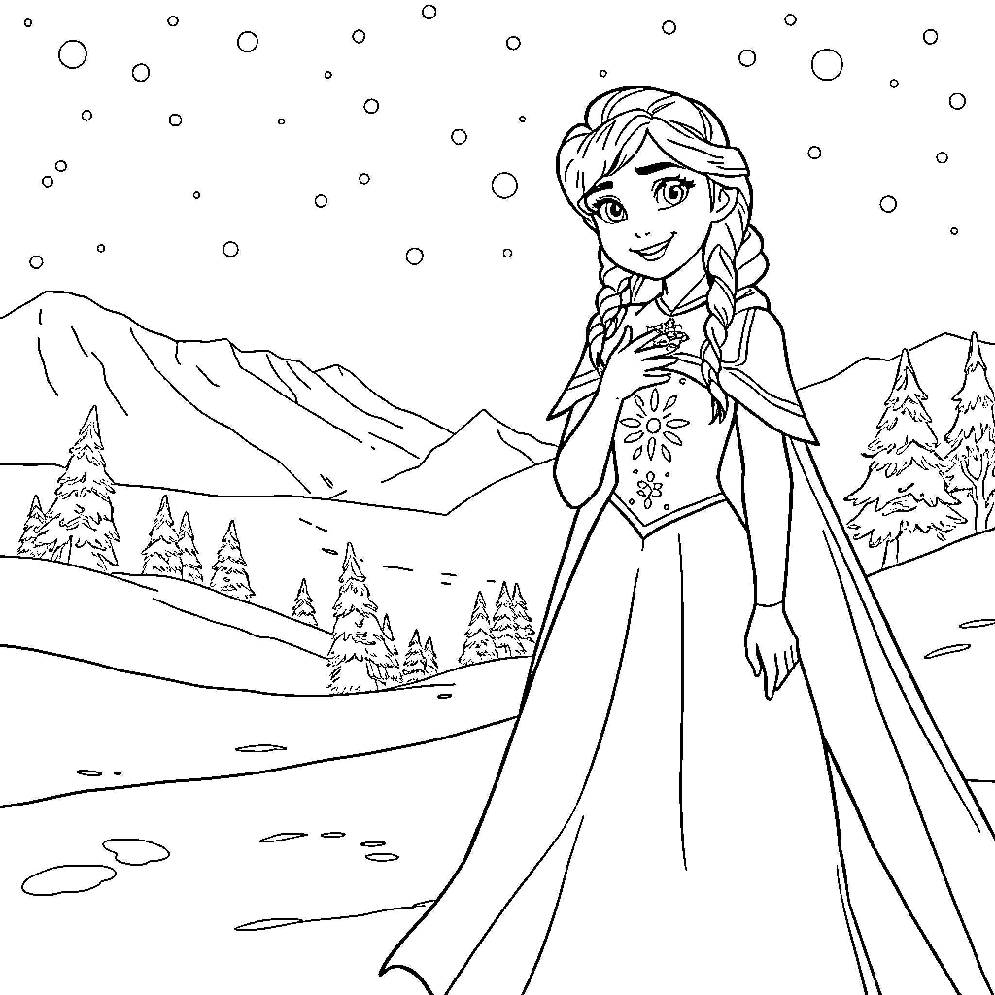 Anna enjoying the snowy winter wonderland Coloring Page (free black-and-white line drawing printable PDF for all, from beginners to advanced learners, including children, teens, adults, and seniors)