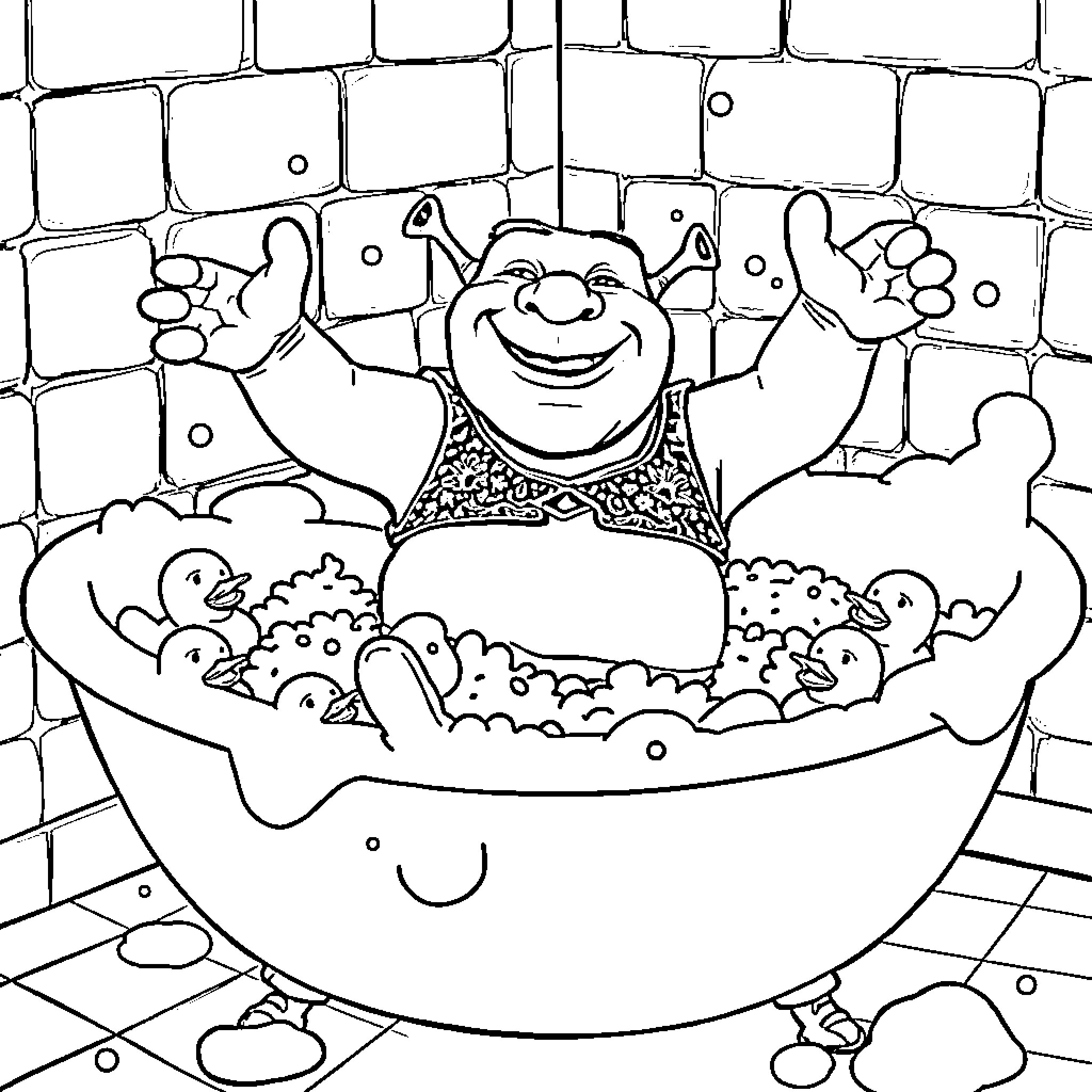 Shrek Happily Bathing in a Tub with Friends Coloring Page (free black-and-white line drawing printable PDF for all, from beginners to advanced learners, including children, teens, adults, and seniors)