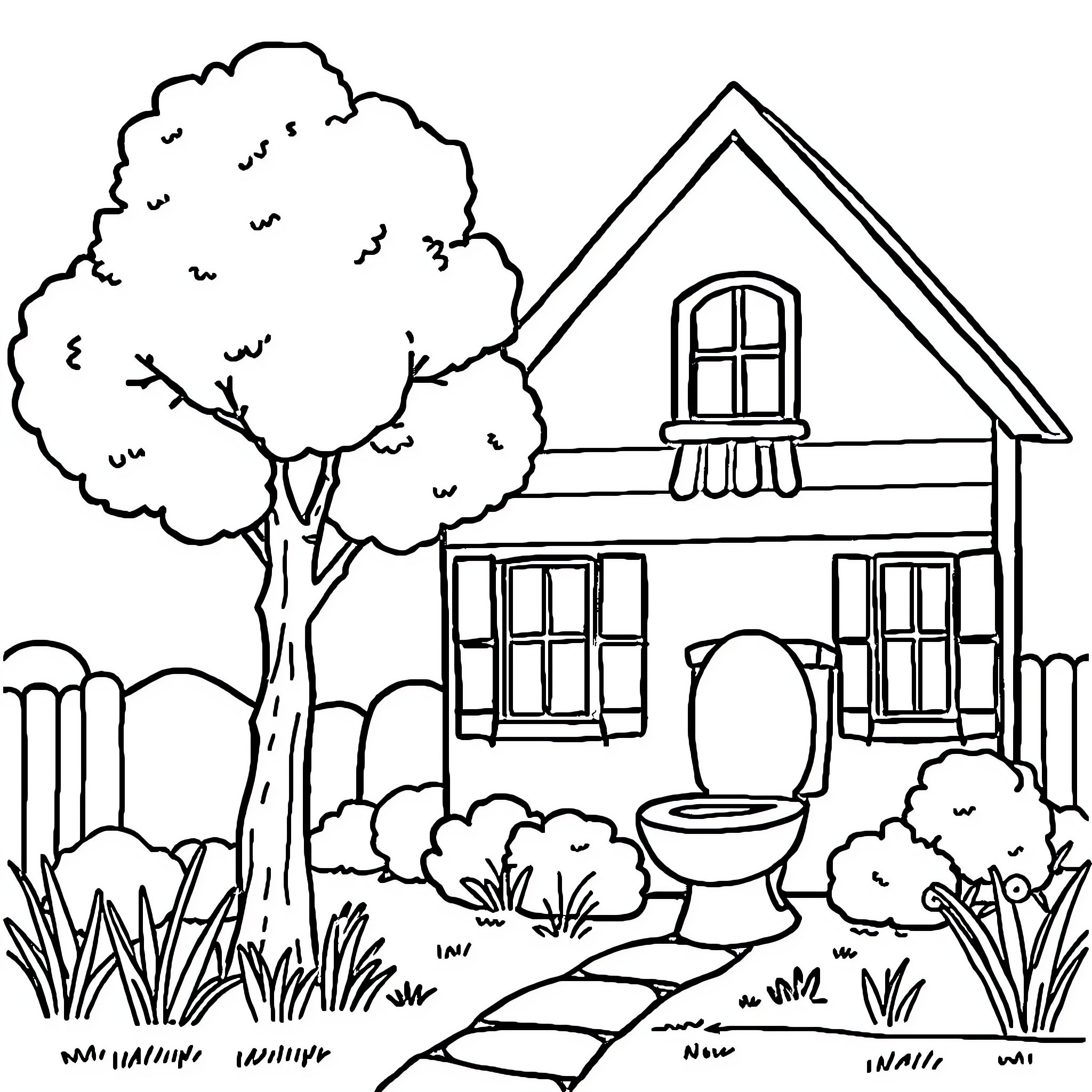 House with a tree and a toilet in the yard Coloring Page (free black-and-white line drawing printable PDF for all, from beginners to advanced learners, including children, teens, adults, and seniors)