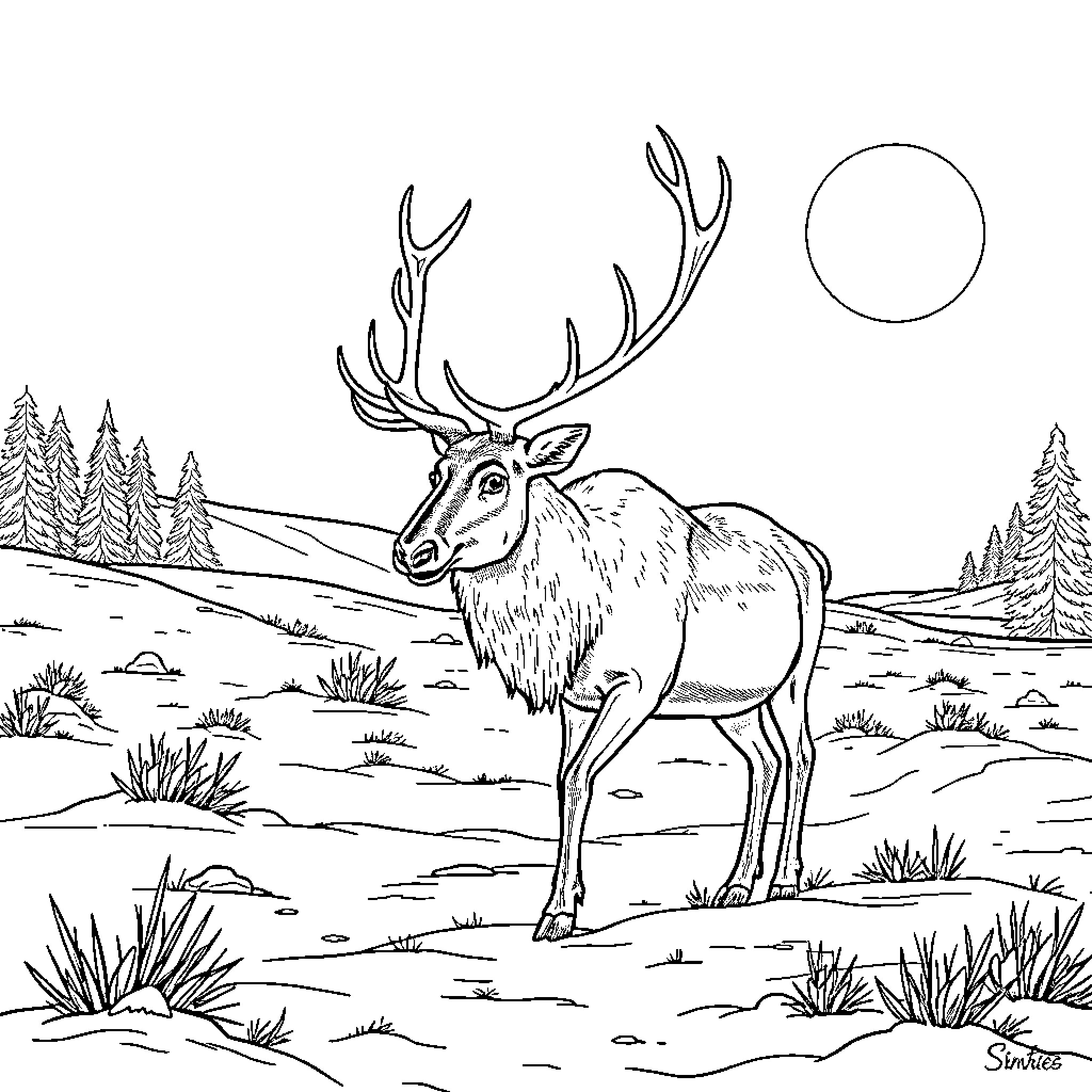 Caribou standing in serene wilderness landscape Coloring Page (free black-and-white line drawing printable PDF for all, from beginners to advanced learners, including children, teens, adults, and seniors)