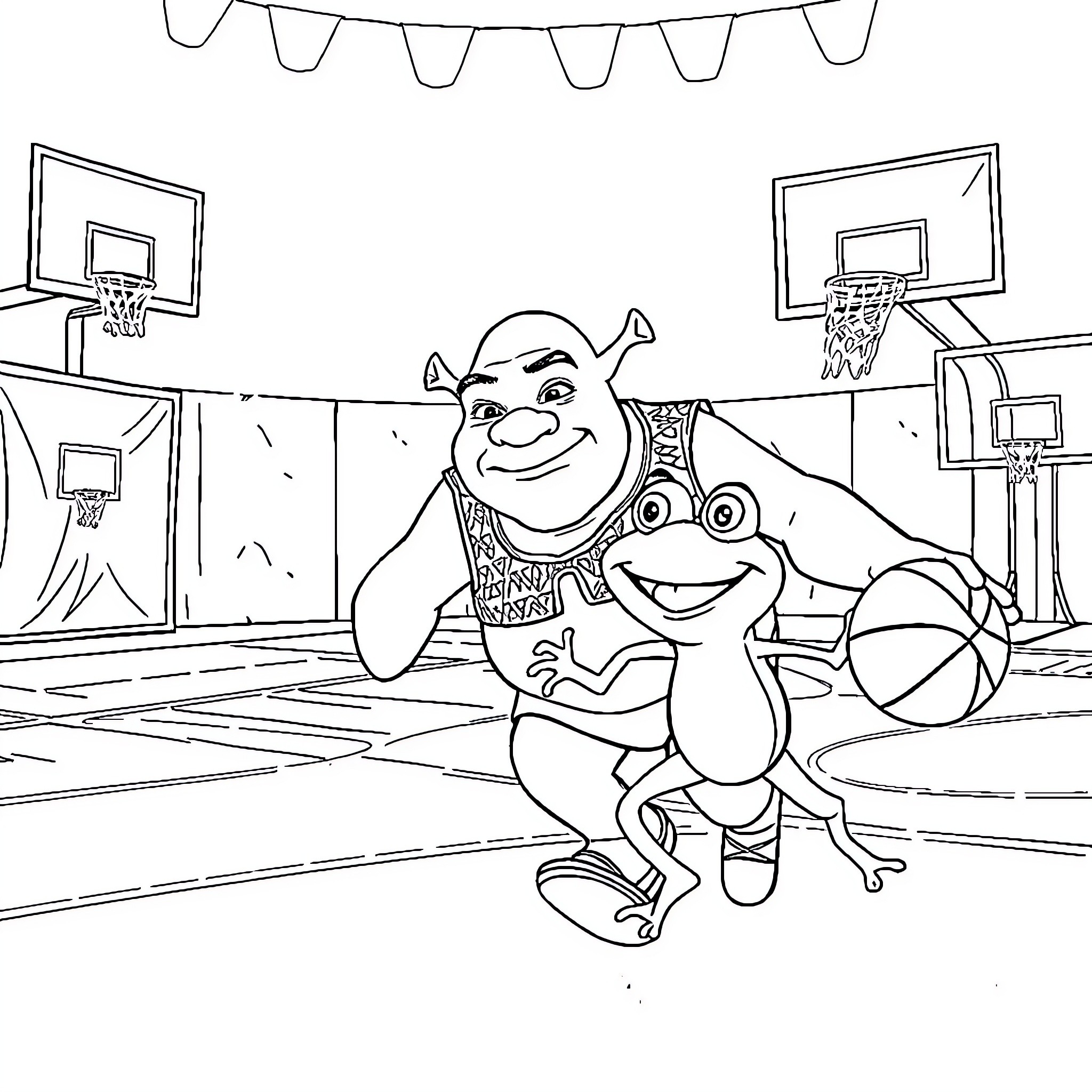 Shrek and Donkey playing basketball on the court Coloring Page (free black-and-white line drawing printable PDF for all, from beginners to advanced learners, including children, teens, adults, and seniors)