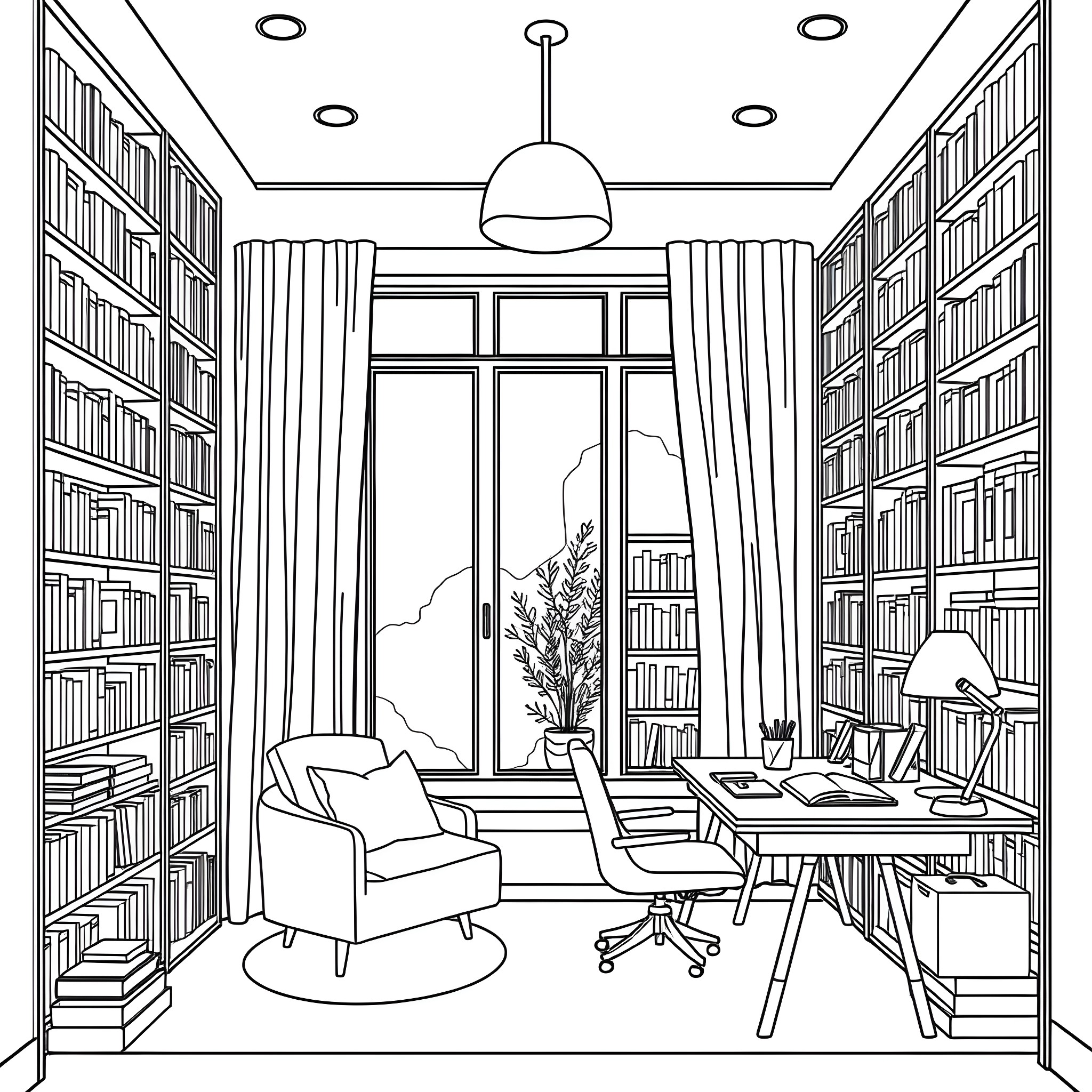 Home cozy library study with armchair and bookshelf Coloring Page (free black-and-white line drawing printable PDF for all, from beginners to advanced learners, including children, teens, adults, and seniors)