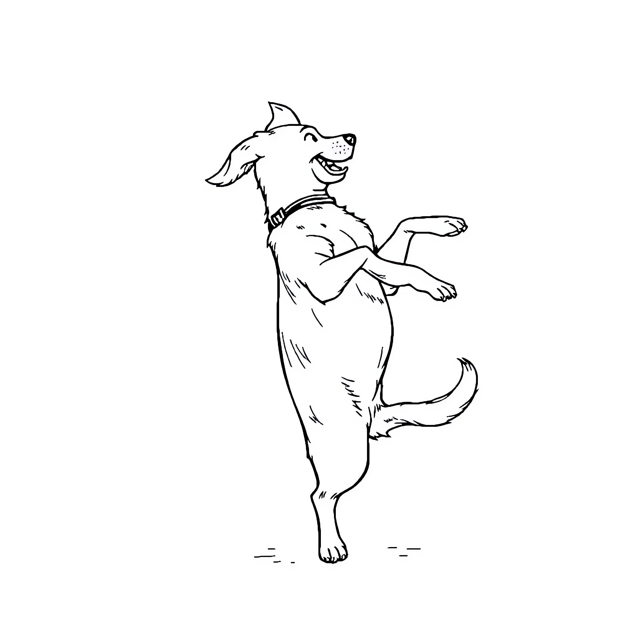 Dog happily dancing and jumping Coloring Page (free black-and-white line drawing printable PDF for all, from beginners to advanced learners, including children, teens, adults, and seniors)