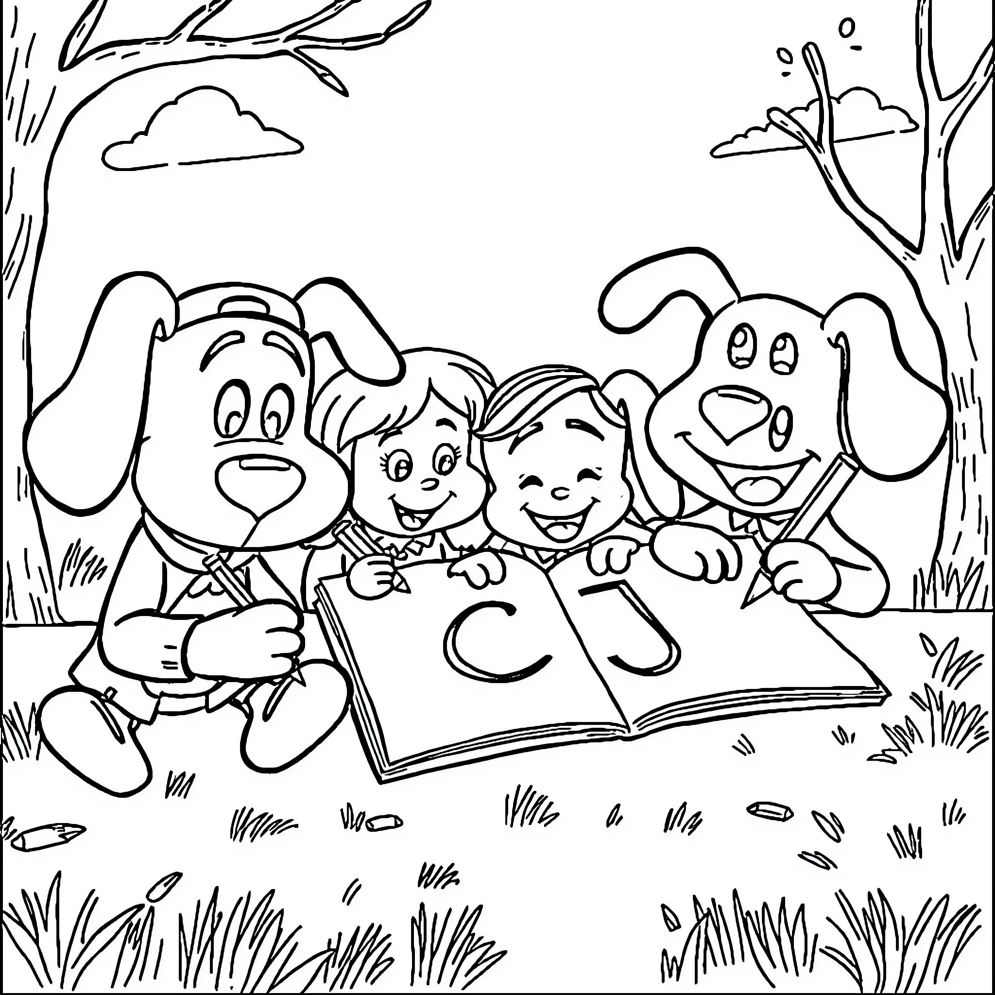 Blue Friends Sharing a Story in the Park Coloring Page (free black-and-white line drawing printable PDF for all, from beginners to advanced learners, including children, teens, adults, and seniors)