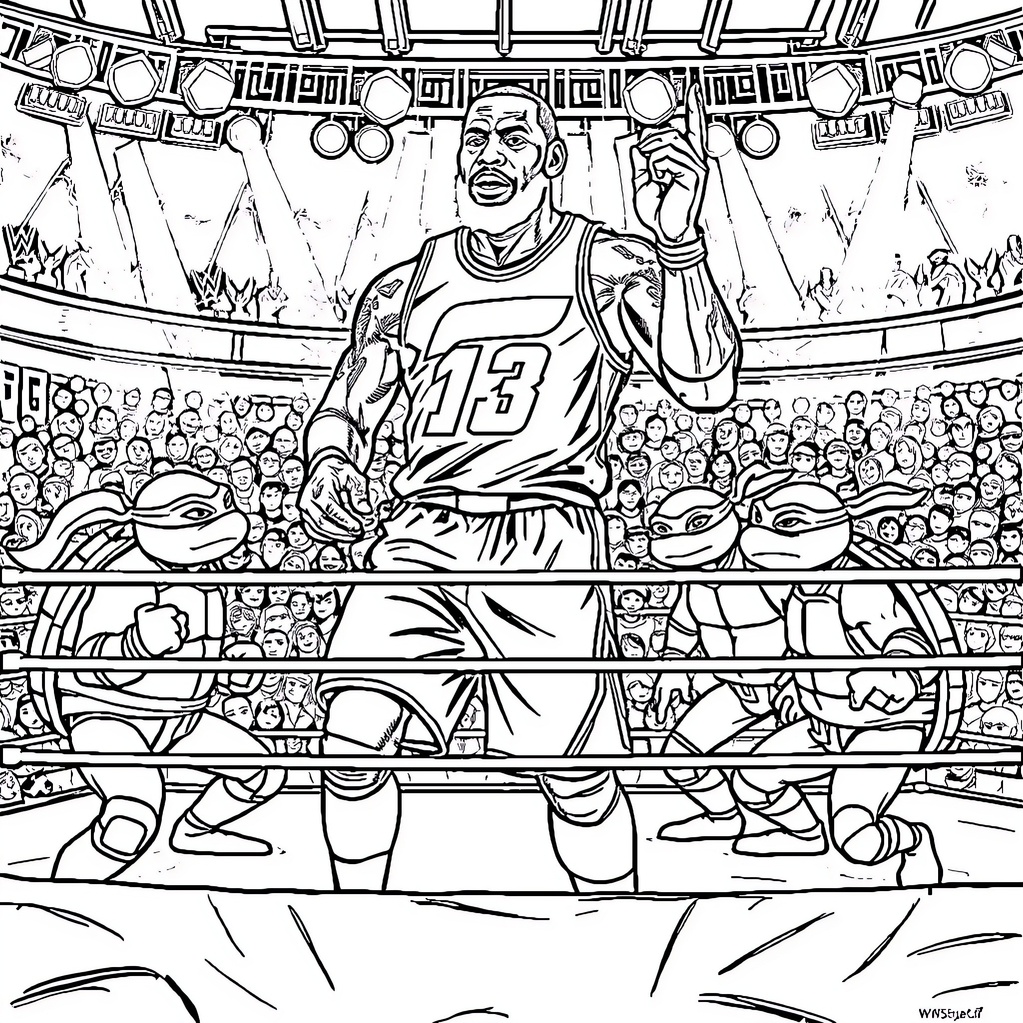 LeBron Victorious on the Basketball Court Coloring Page (free black-and-white line drawing printable PDF for all, from beginners to advanced learners, including children, teens, adults, and seniors)