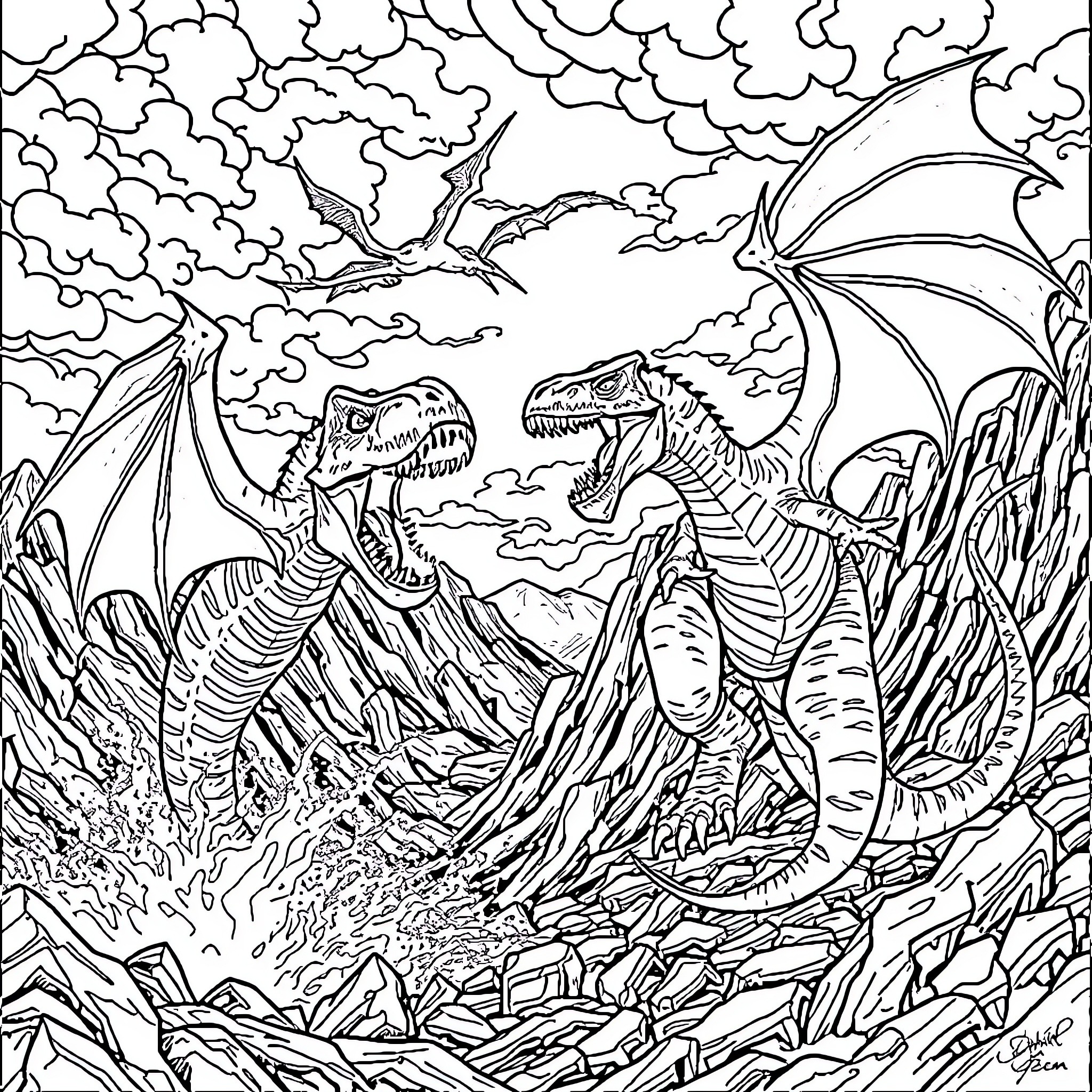 Dinosaurs battling ferociously in a stormy landscape Coloring Page (free black-and-white line drawing printable PDF for all, from beginners to advanced learners, including children, teens, adults, and seniors)