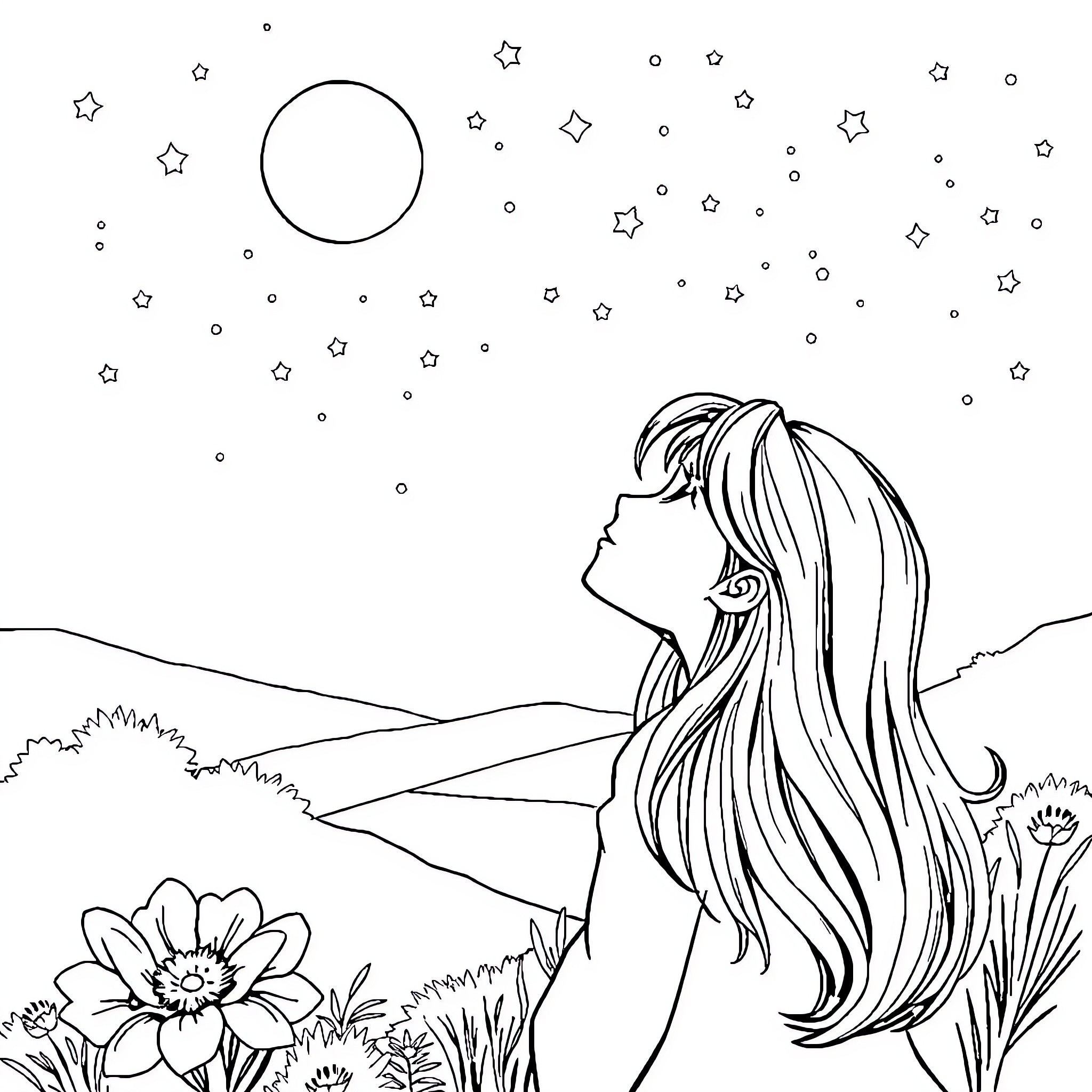 Girl gazing at the starry night sky Coloring Page (free black-and-white line drawing printable PDF for all, from beginners to advanced learners, including children, teens, adults, and seniors)
