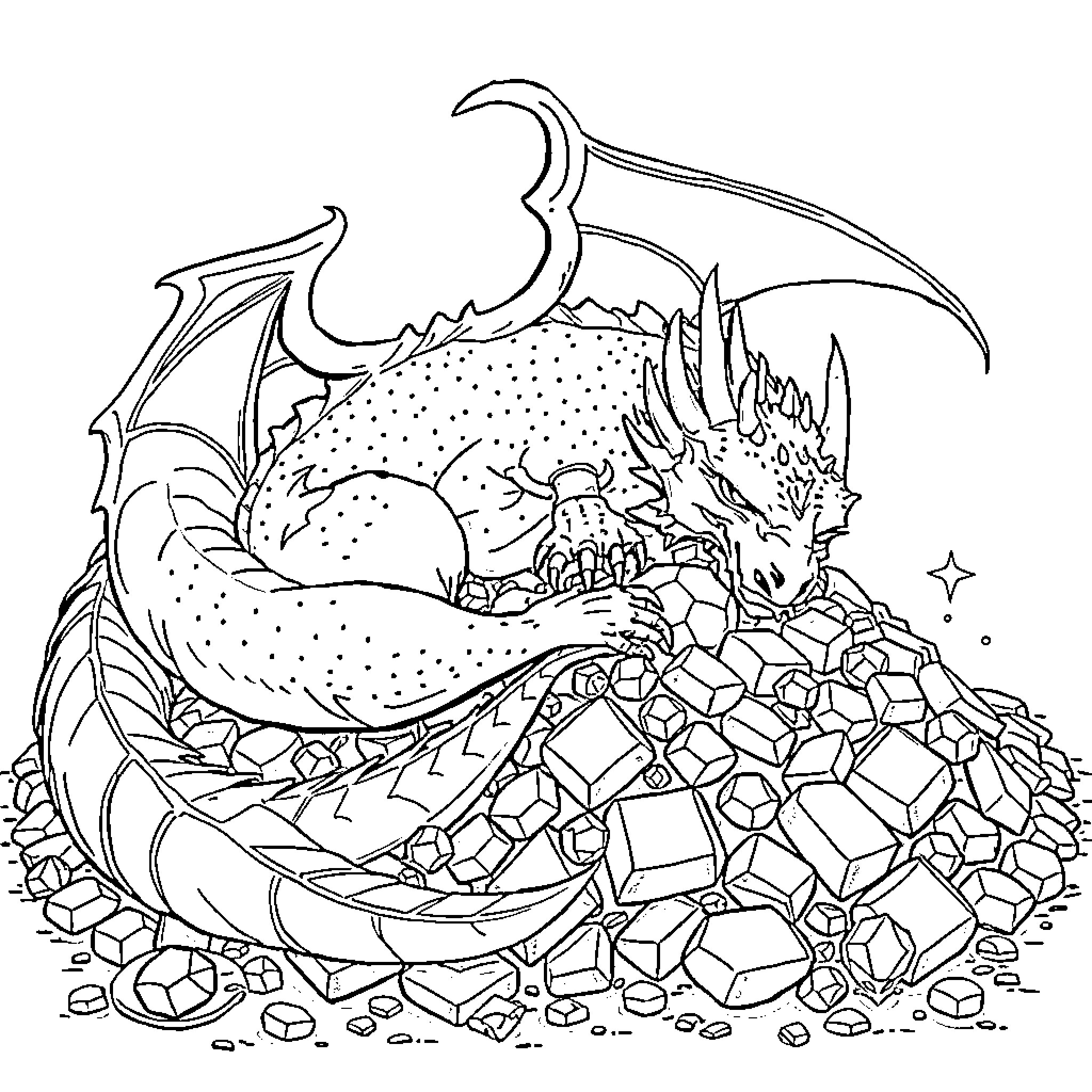 Dragon guarding a treasure trove of gems Coloring Page (free black-and-white line drawing printable PDF for all, from beginners to advanced learners, including children, teens, adults, and seniors)