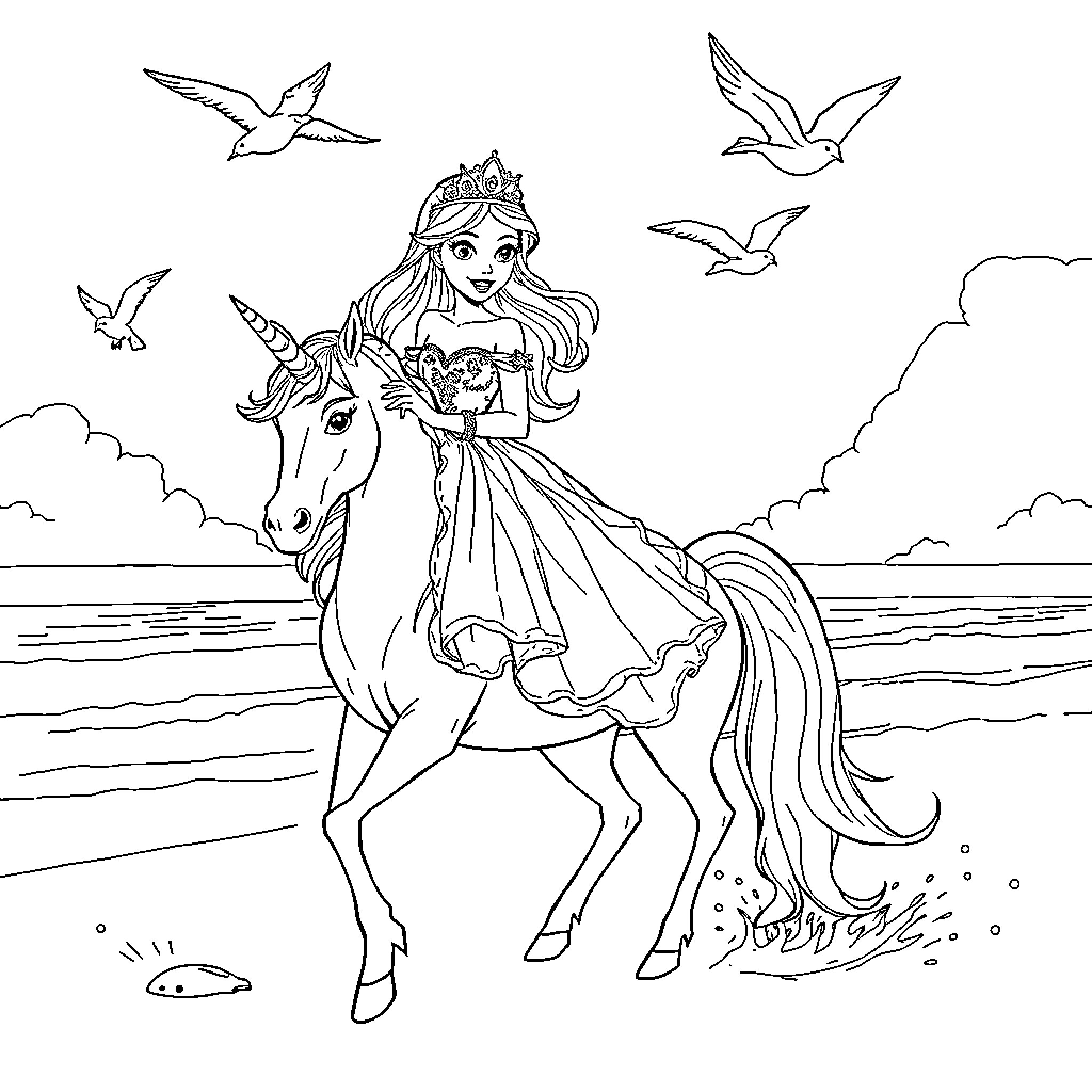 Princess Riding Unicorn by the Ocean Coloring Page (free black-and-white line drawing printable PDF for all, from beginners to advanced learners, including children, teens, adults, and seniors)