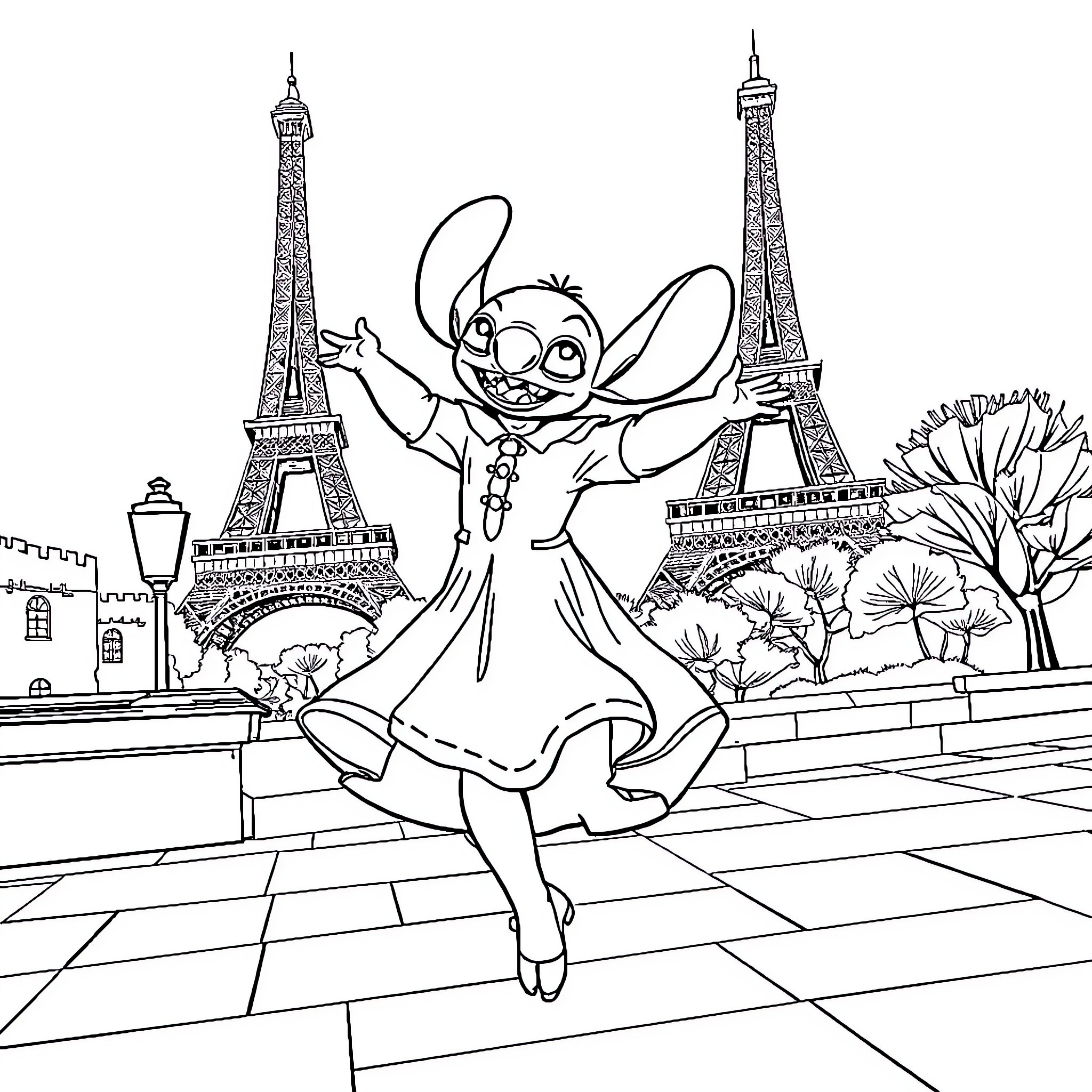 Stitch's Joyful Dance in Front of the Eiffel Tower Coloring Page (free black-and-white line drawing printable PDF for all, from beginners to advanced learners, including children, teens, adults, and seniors)