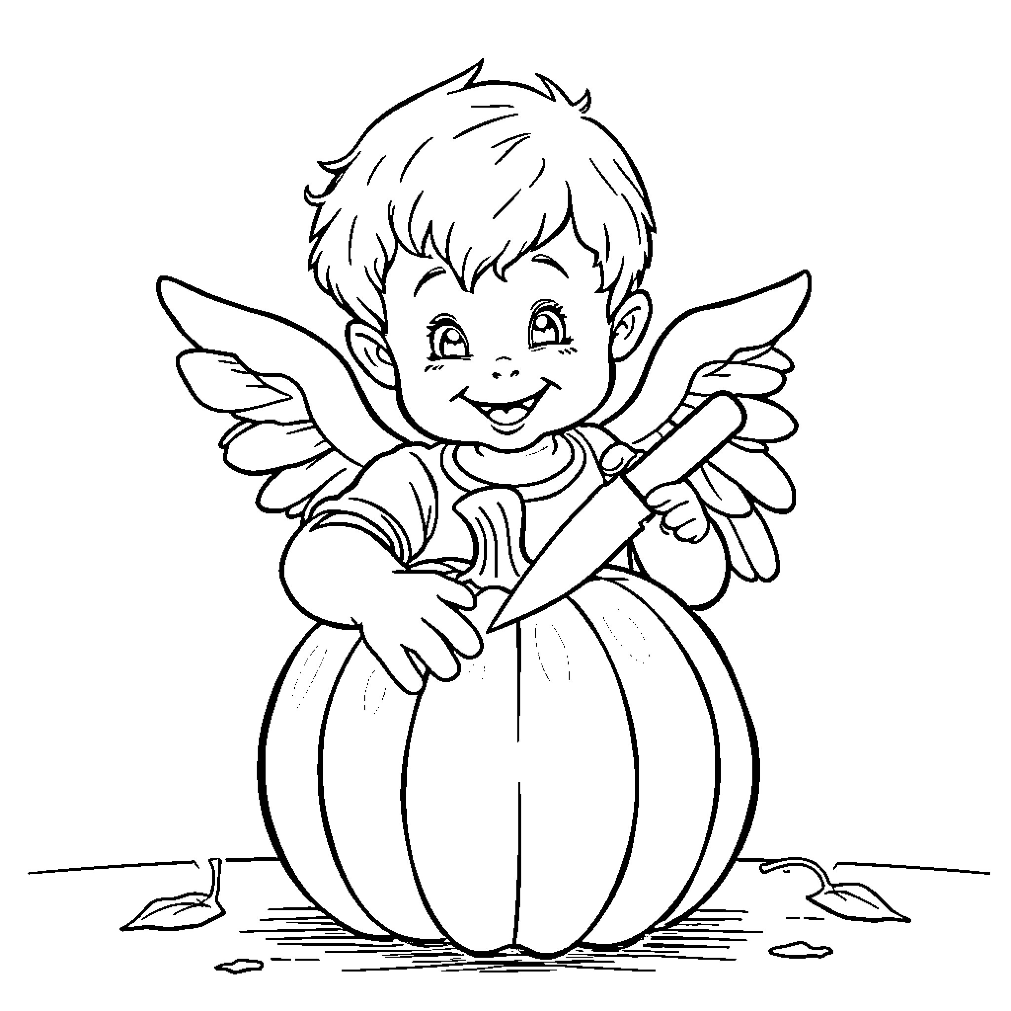 Sonny Angel playing with pumpkin Coloring Page (free black-and-white line drawing printable PDF for all, from beginners to advanced learners, including children, teens, adults, and seniors)