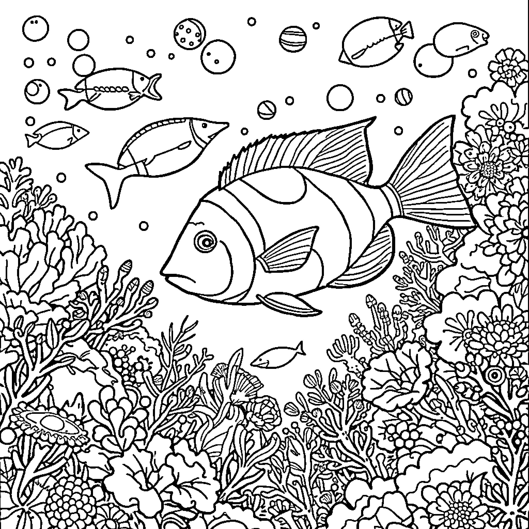Ocean Life: Vibrant Marine Creatures and Coral Reef Coloring Page (free black-and-white line drawing printable PDF for all, from beginners to advanced learners, including children, teens, adults, and seniors)