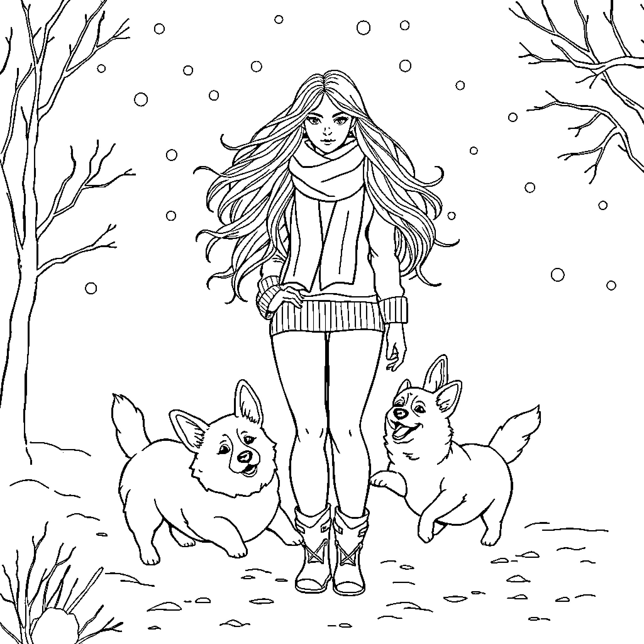 Woman in winter outfit with dogs Coloring Page (free black-and-white line drawing printable PDF for all, from beginners to advanced learners, including children, teens, adults, and seniors)