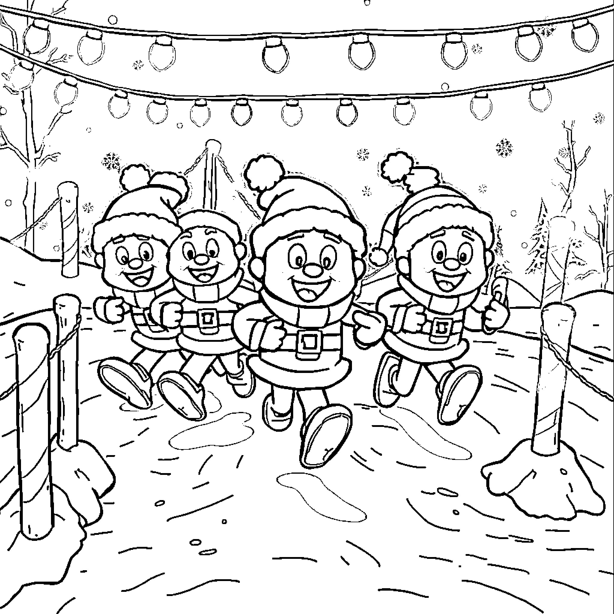 Fall Guys Frolicking in Winter Wonderland Coloring Page (free black-and-white line drawing printable PDF for all, from beginners to advanced learners, including children, teens, adults, and seniors)