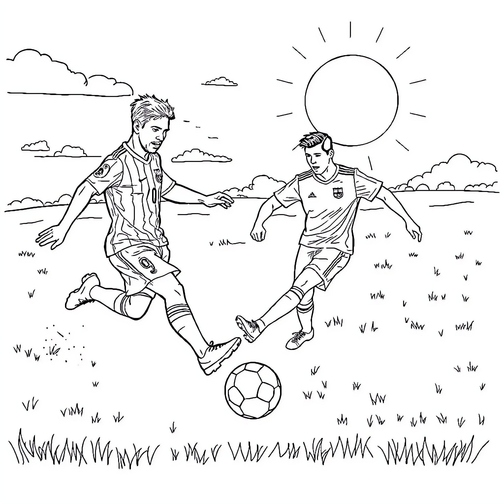 Soccer players competing on grassy field Coloring Page (free black-and-white line drawing printable PDF for all, from beginners to advanced learners, including children, teens, adults, and seniors)