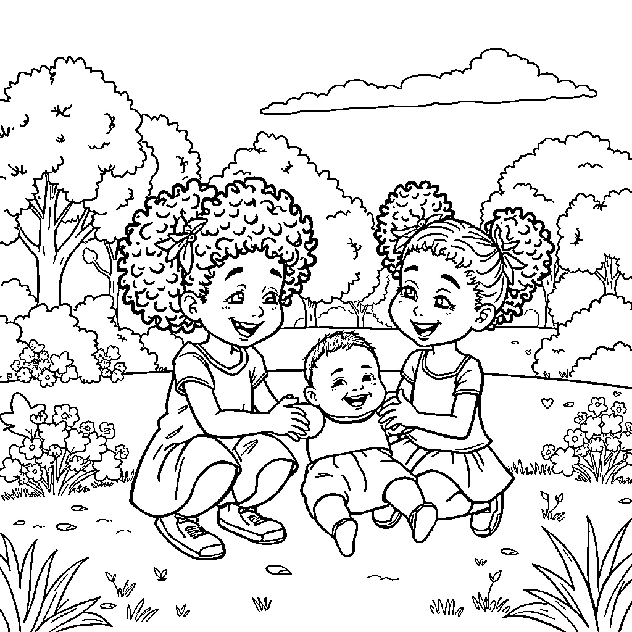 Girls playing happily with a child in the park Coloring Page (free black-and-white line drawing printable PDF for all, from beginners to advanced learners, including children, teens, adults, and seniors)