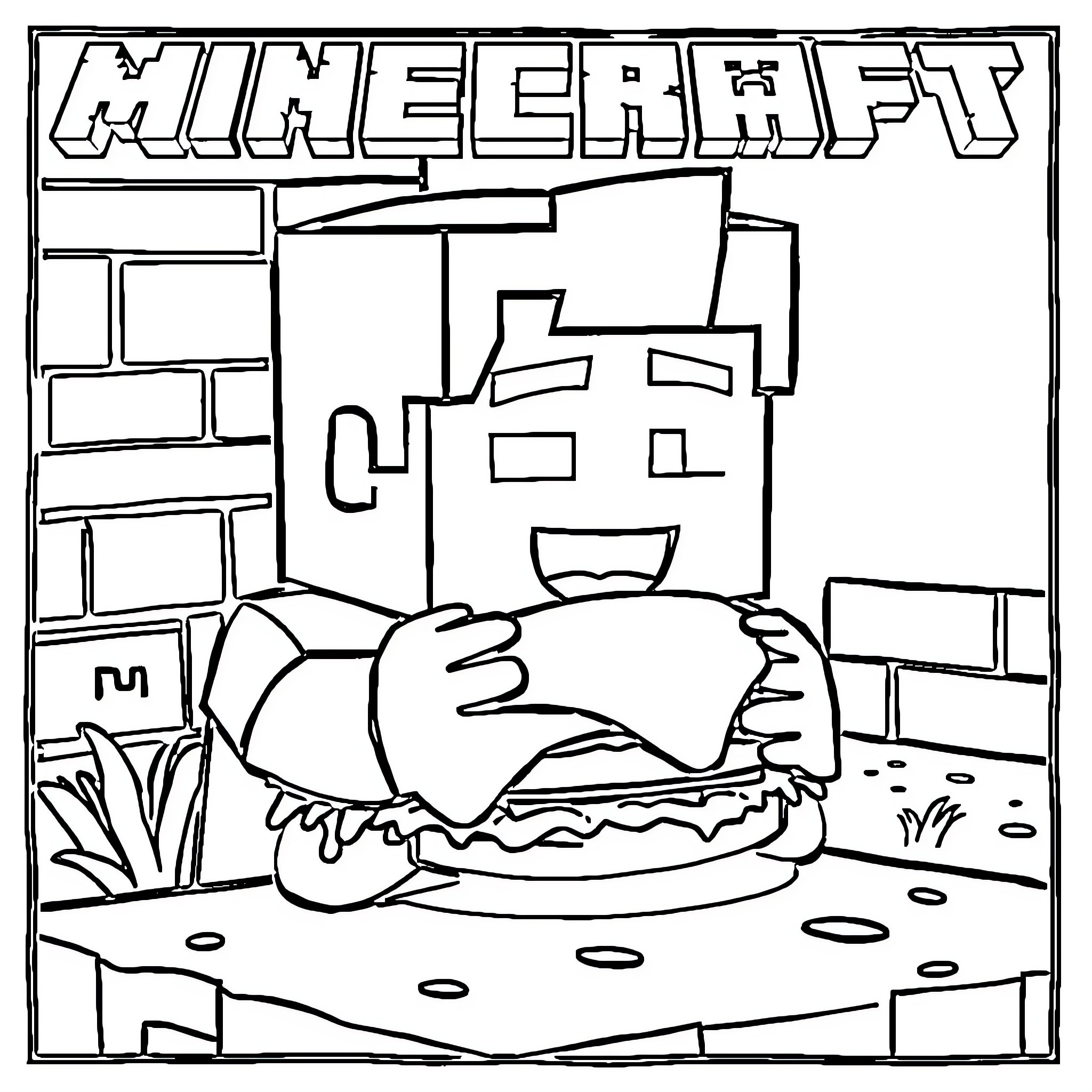 Steve enjoys a large burger in his Minecraft world Coloring Page (free black-and-white line drawing printable PDF for all, from beginners to advanced learners, including children, teens, adults, and seniors)