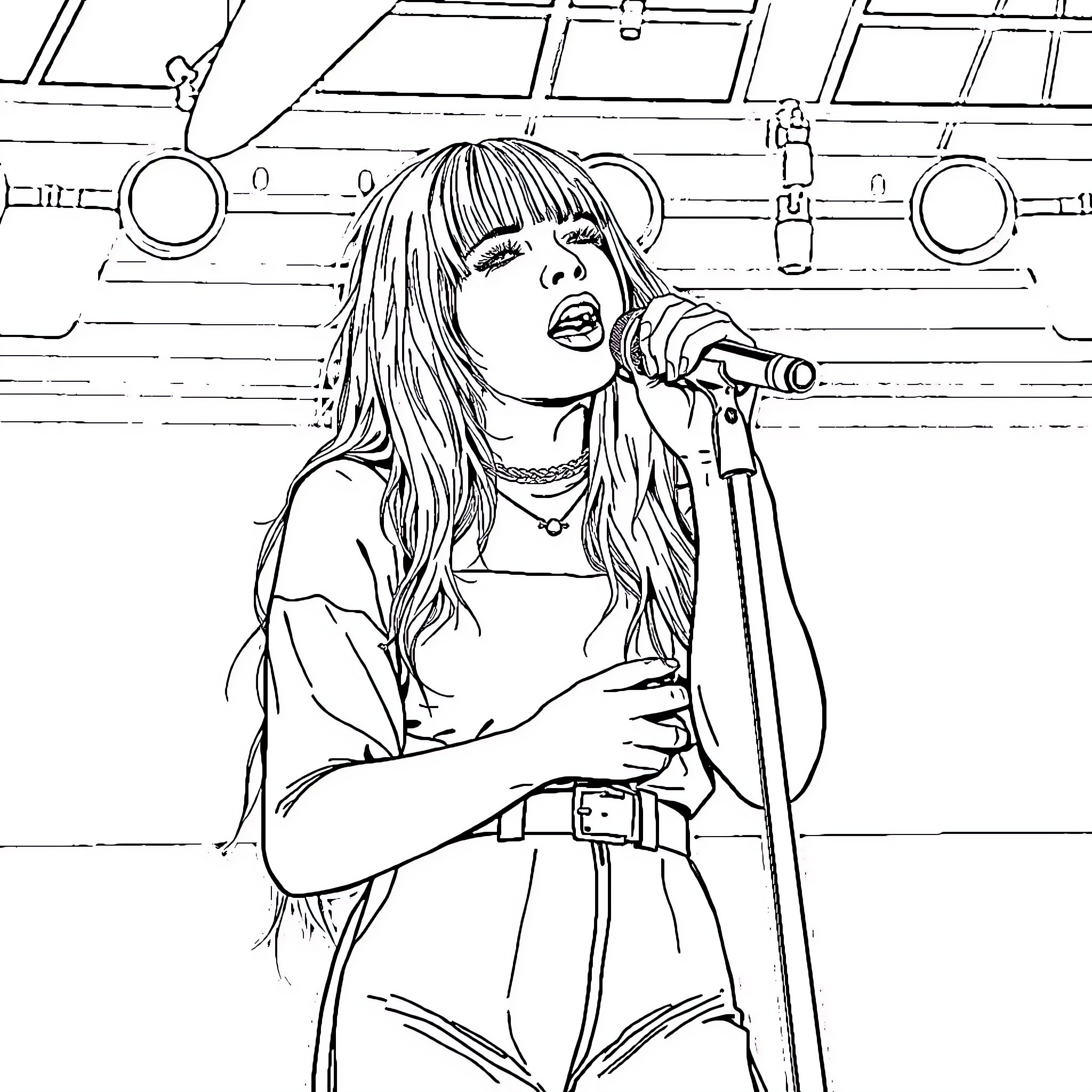Billie Eilish performing on stage Coloring Page (free black-and-white line drawing printable PDF for all, from beginners to advanced learners, including children, teens, adults, and seniors)