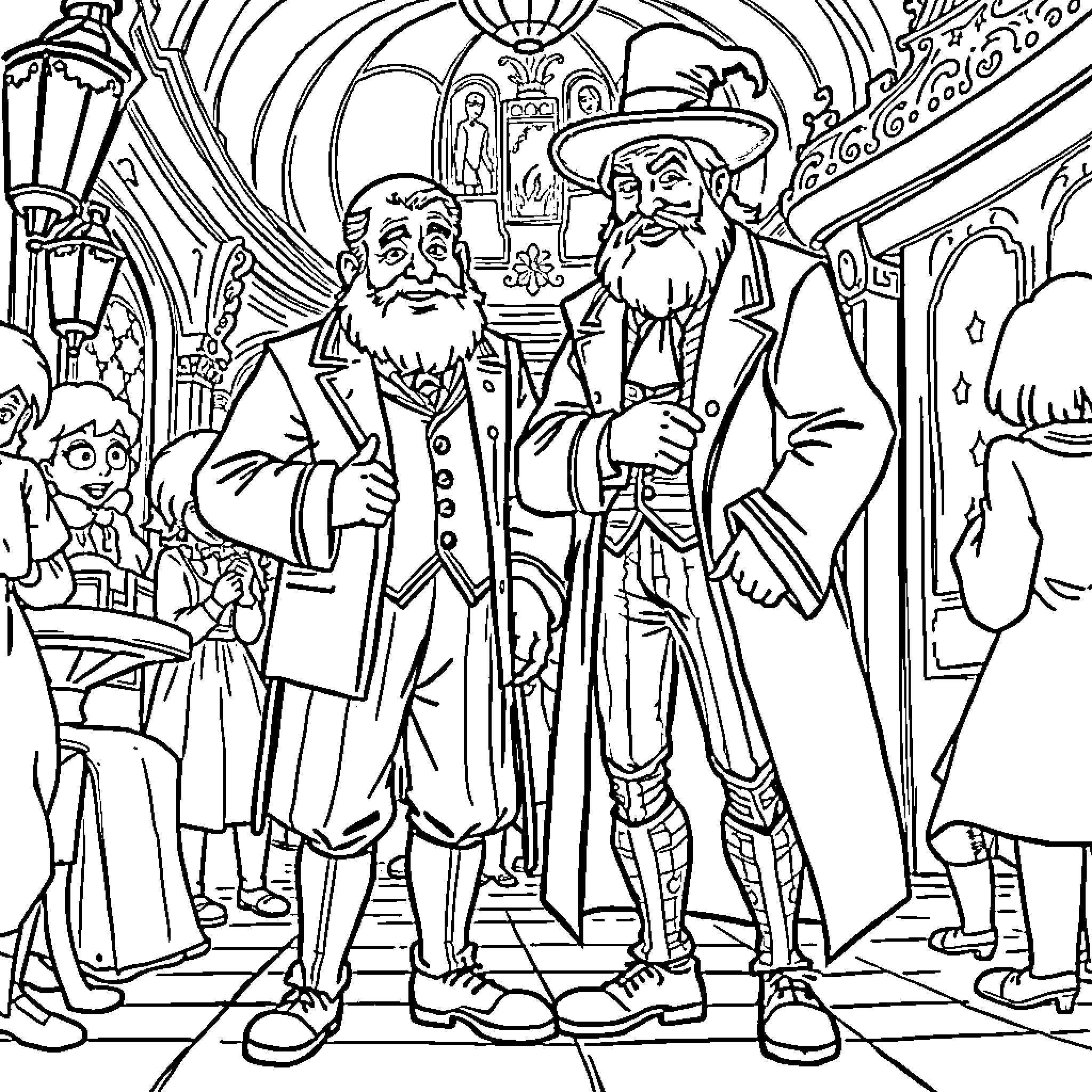 Wriothesley's Peculiar Encounter in an Ornate Setting Coloring Page (free black-and-white line drawing printable PDF for all, from beginners to advanced learners, including children, teens, adults, and seniors)