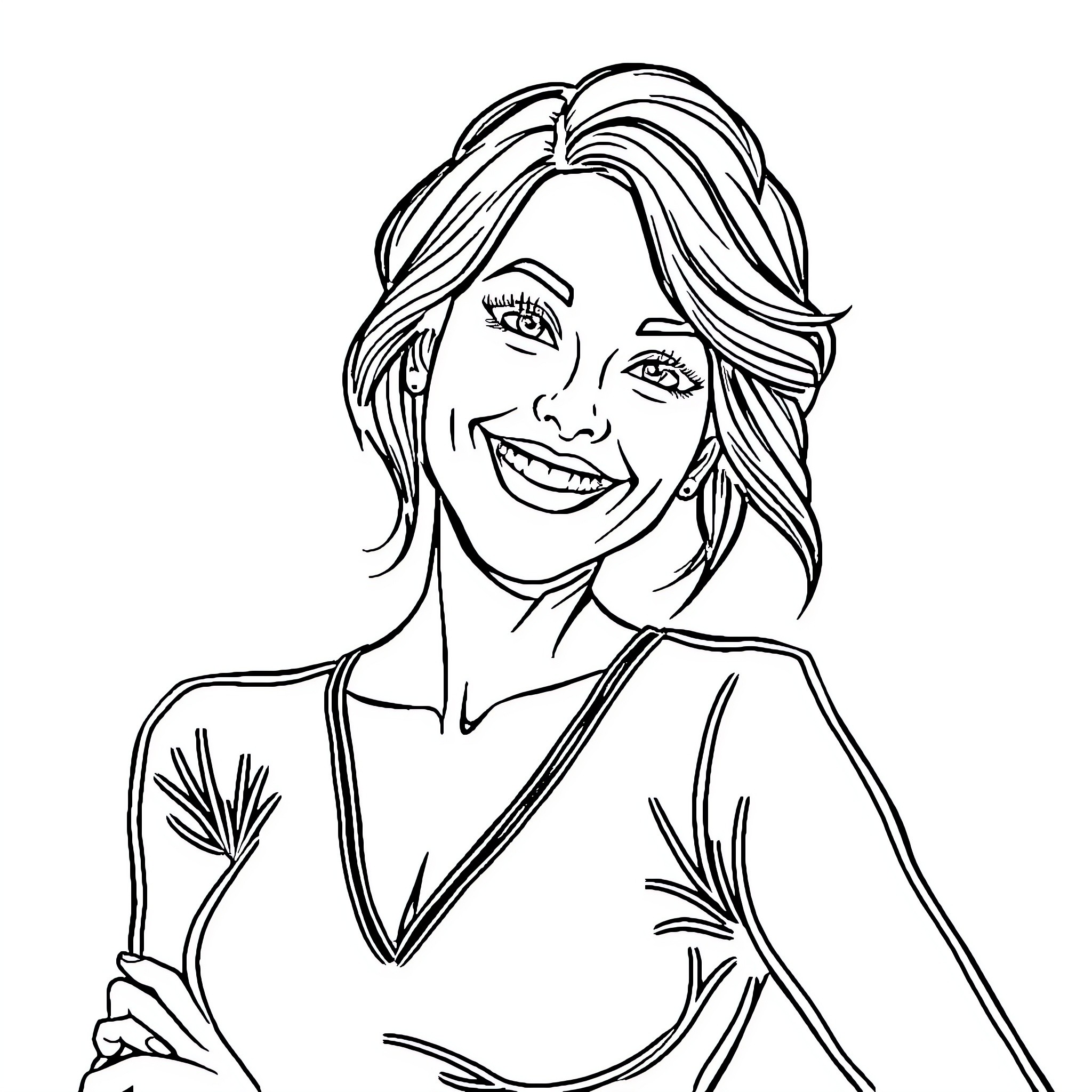 Woman smiling joyfully in portrait illustration Coloring Page (free black-and-white line drawing printable PDF for all, from beginners to advanced learners, including children, teens, adults, and seniors)