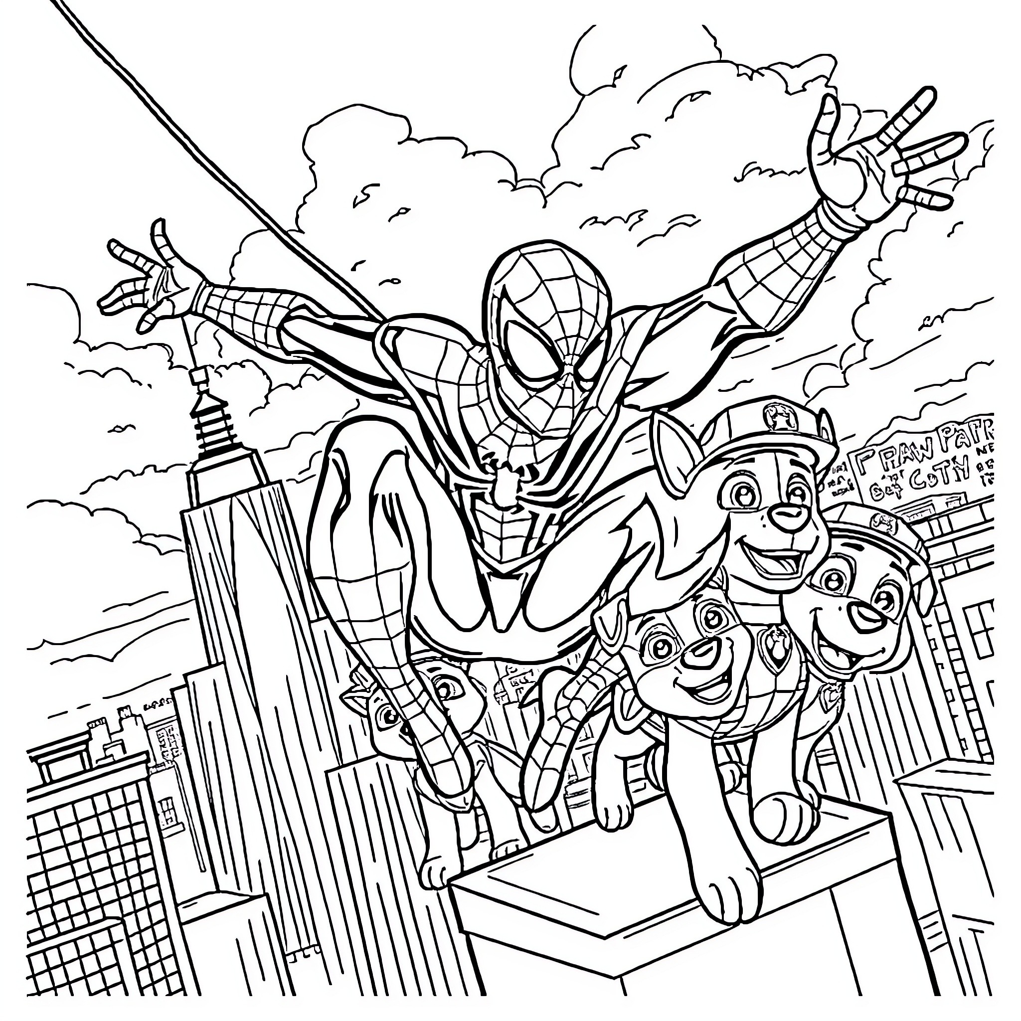 Spider-Man Saves the Day with Paw Patrol Pups Coloring Page (free black-and-white line drawing printable PDF for all, from beginners to advanced learners, including children, teens, adults, and seniors)