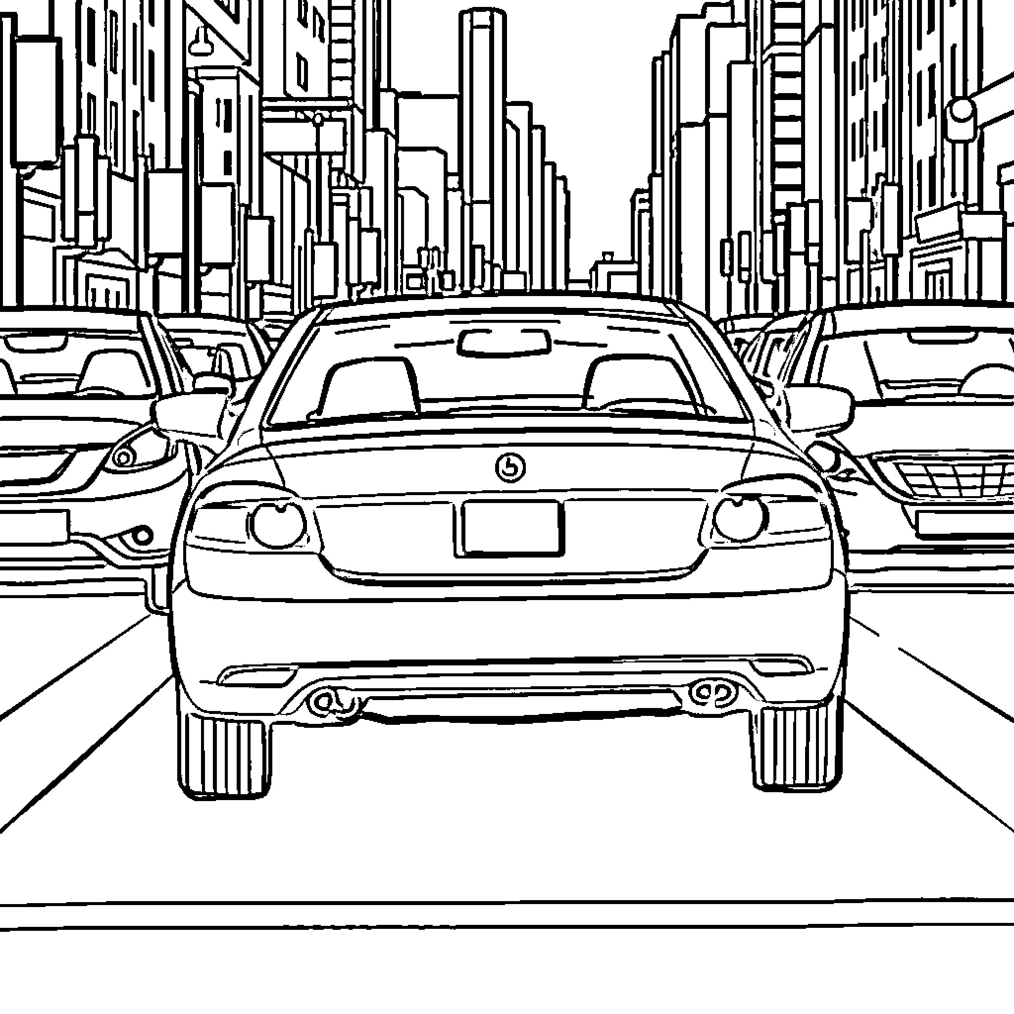 Car driving in busy urban city street Coloring Page (free black-and-white line drawing printable PDF for all, from beginners to advanced learners, including children, teens, adults, and seniors)