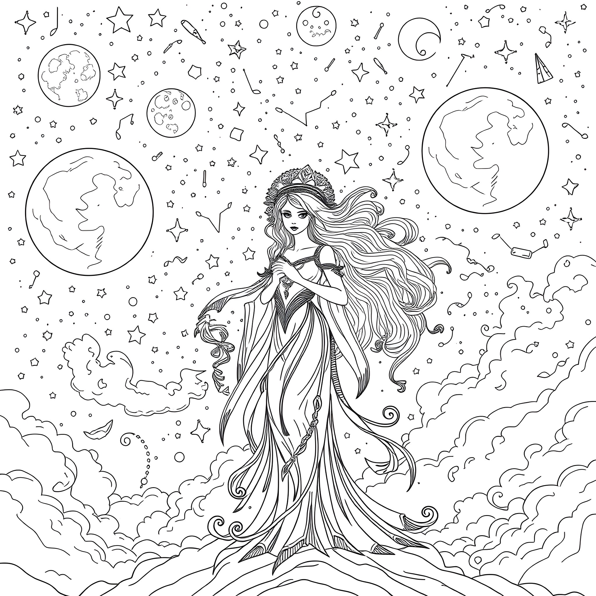 Moon Goddess in a Starry Night Sky Coloring Page (free black-and-white line drawing printable PDF for all, from beginners to advanced learners, including children, teens, adults, and seniors)
