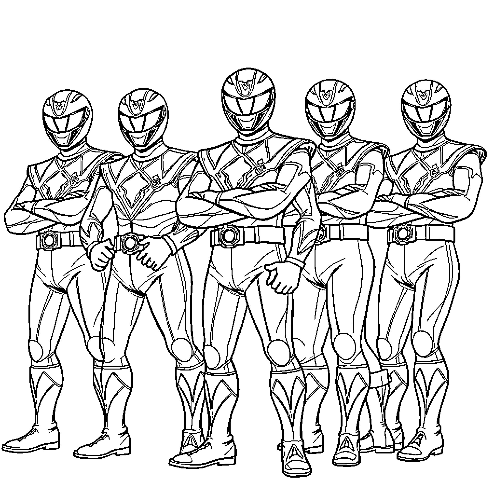 Power Rangers Heroic Lineup in Action Pose Coloring Page (free black-and-white line drawing printable PDF for all, from beginners to advanced learners, including children, teens, adults, and seniors)