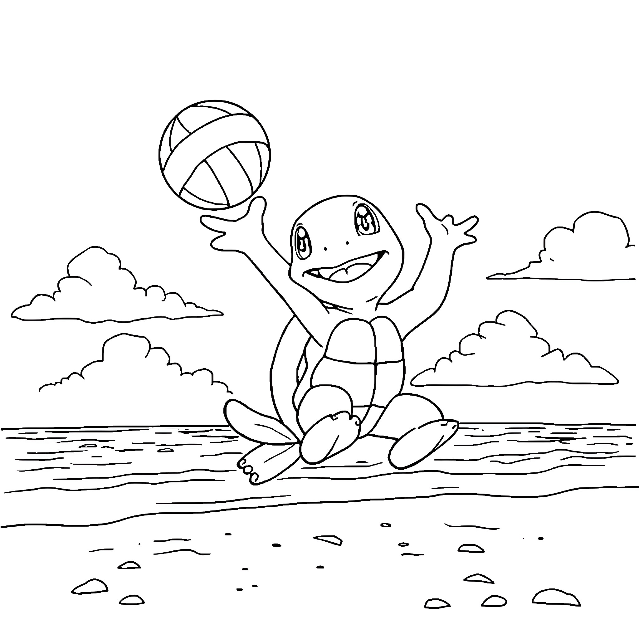 Squirtle enjoying a playful day by the water Coloring Page (free black-and-white line drawing printable PDF for all, from beginners to advanced learners, including children, teens, adults, and seniors)