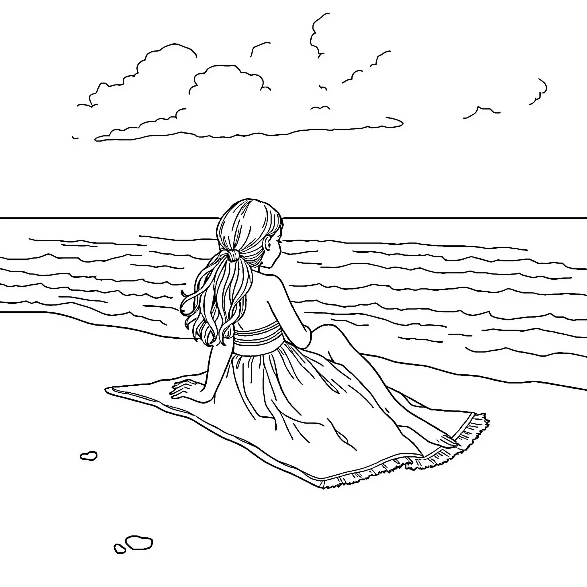 Girl sitting on the beach watching the waves Coloring Page (free black-and-white line drawing printable PDF for all, from beginners to advanced learners, including children, teens, adults, and seniors)