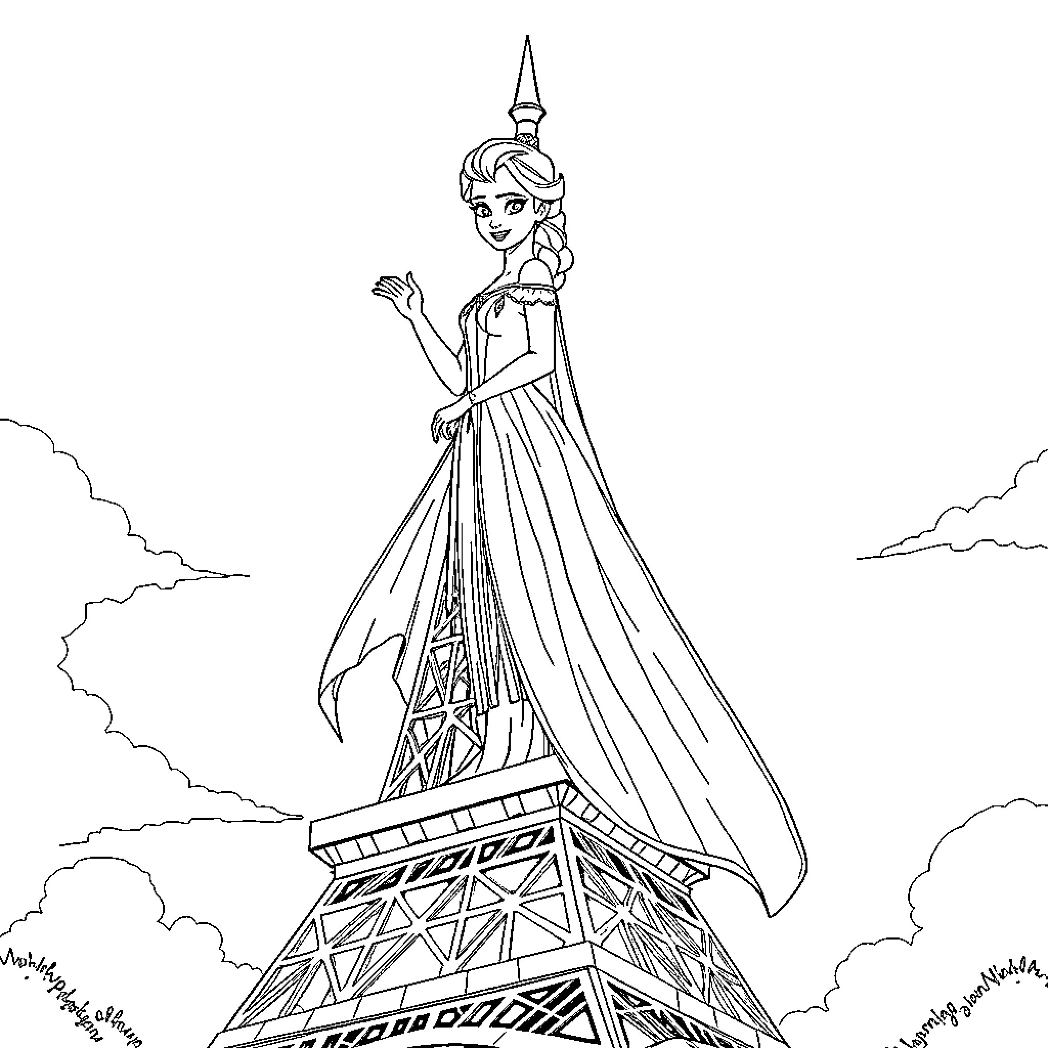 Elsa celebrating on the Eiffel Tower Coloring Page (free black-and-white line drawing printable PDF for all, from beginners to advanced learners, including children, teens, adults, and seniors)