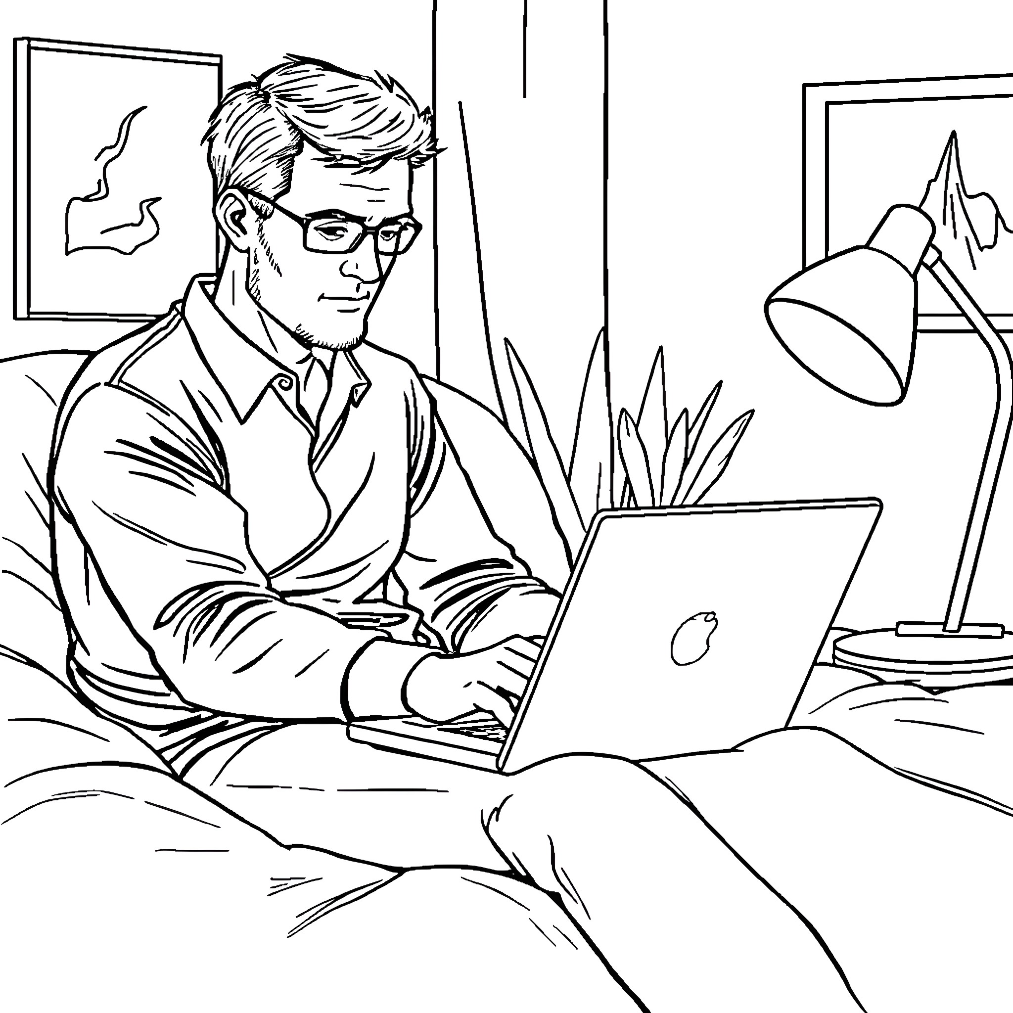 Dad working diligently on his laptop at home Coloring Page (free black-and-white line drawing printable PDF for all, from beginners to advanced learners, including children, teens, adults, and seniors)