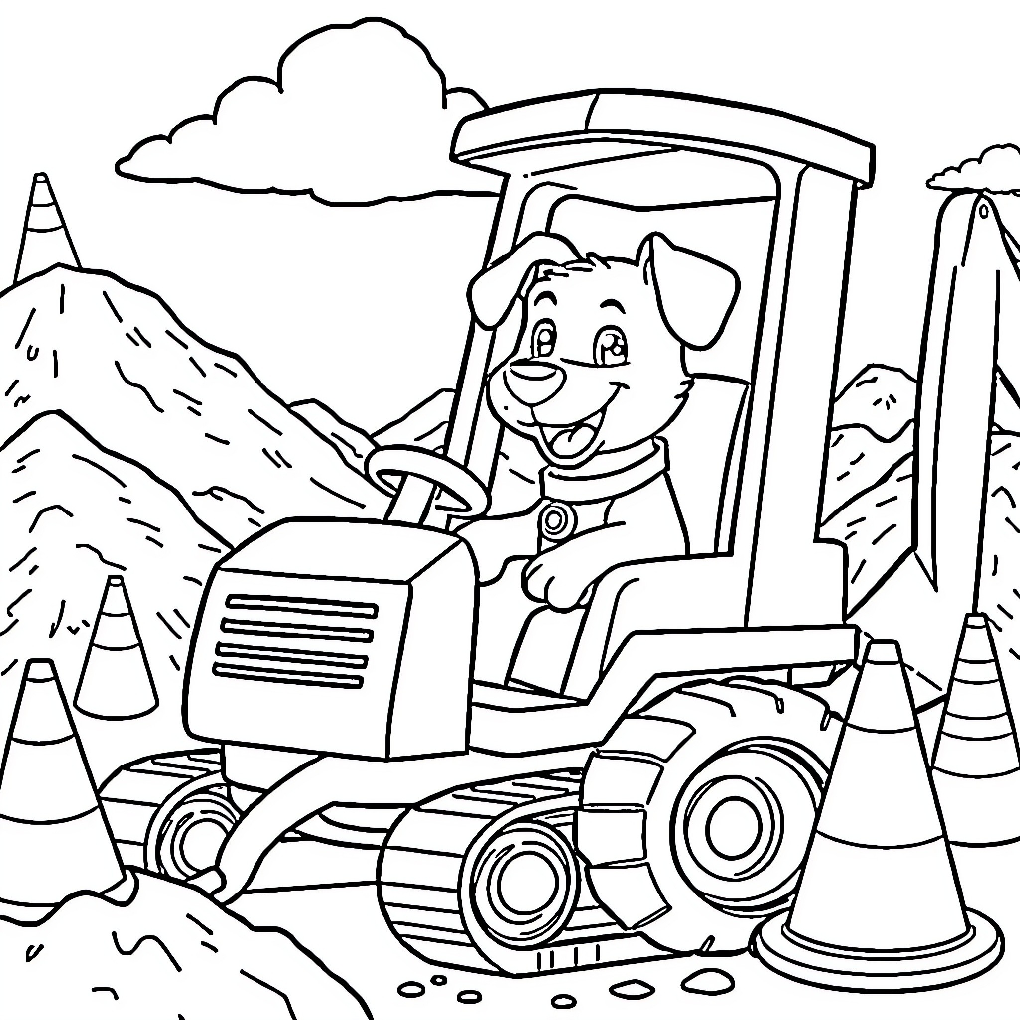 Bluey driving a tractor on a construction site Coloring Page (free black-and-white line drawing printable PDF for all, from beginners to advanced learners, including children, teens, adults, and seniors)