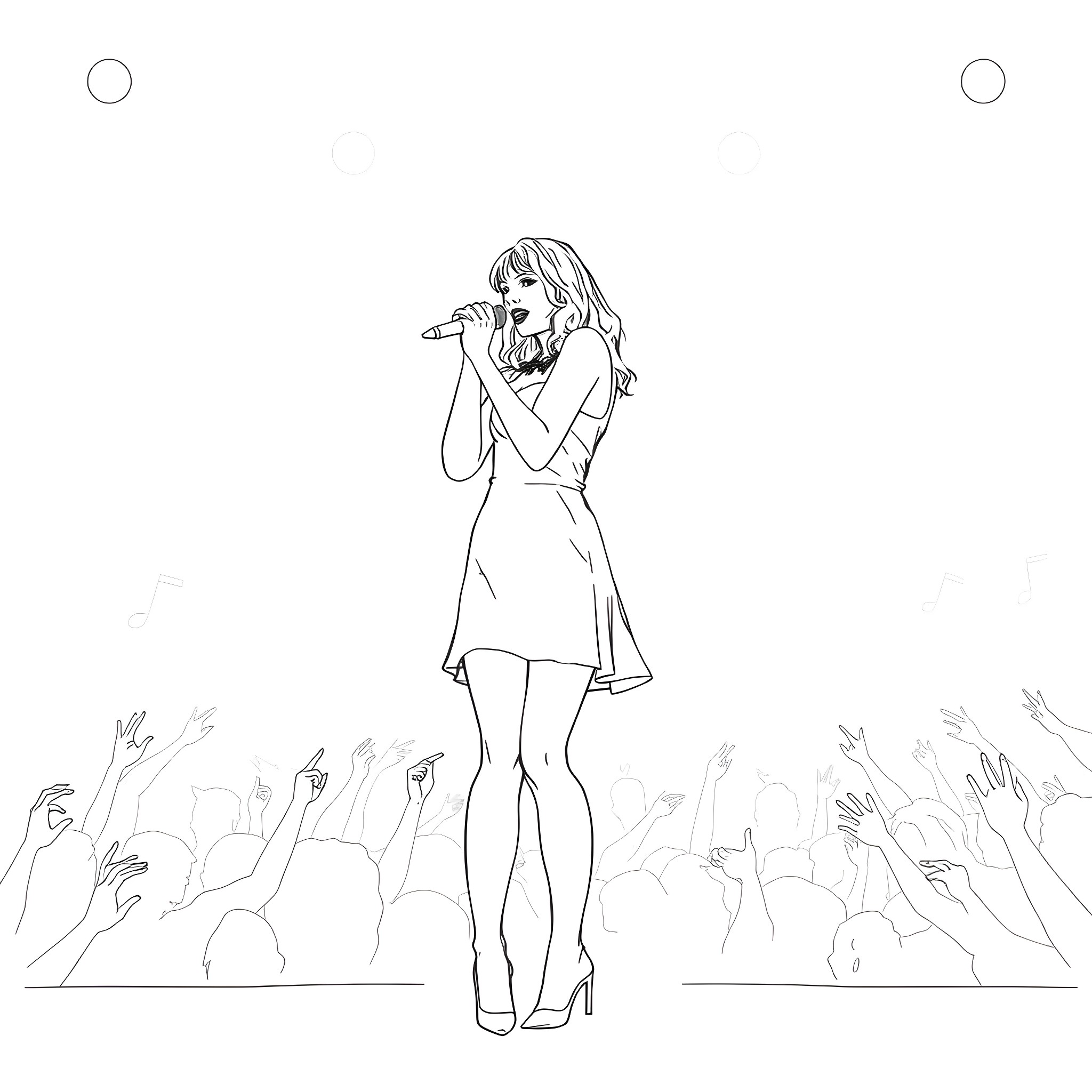 Taylor Swift performing on stage to adoring fans Coloring Page (free black-and-white line drawing printable PDF for all, from beginners to advanced learners, including children, teens, adults, and seniors)