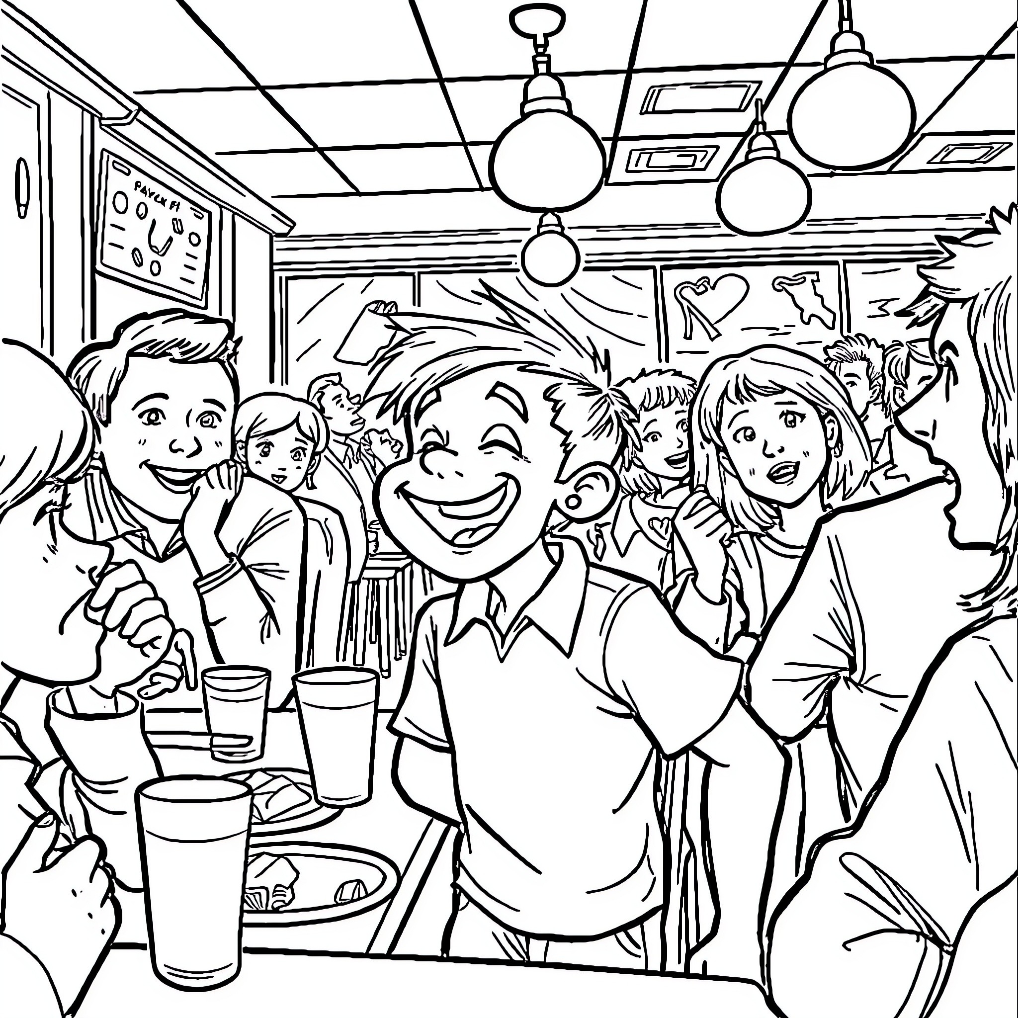 Boy enjoying a fun gathering with friends in a diner Coloring Page (free black-and-white line drawing printable PDF for all, from beginners to advanced learners, including children, teens, adults, and seniors)