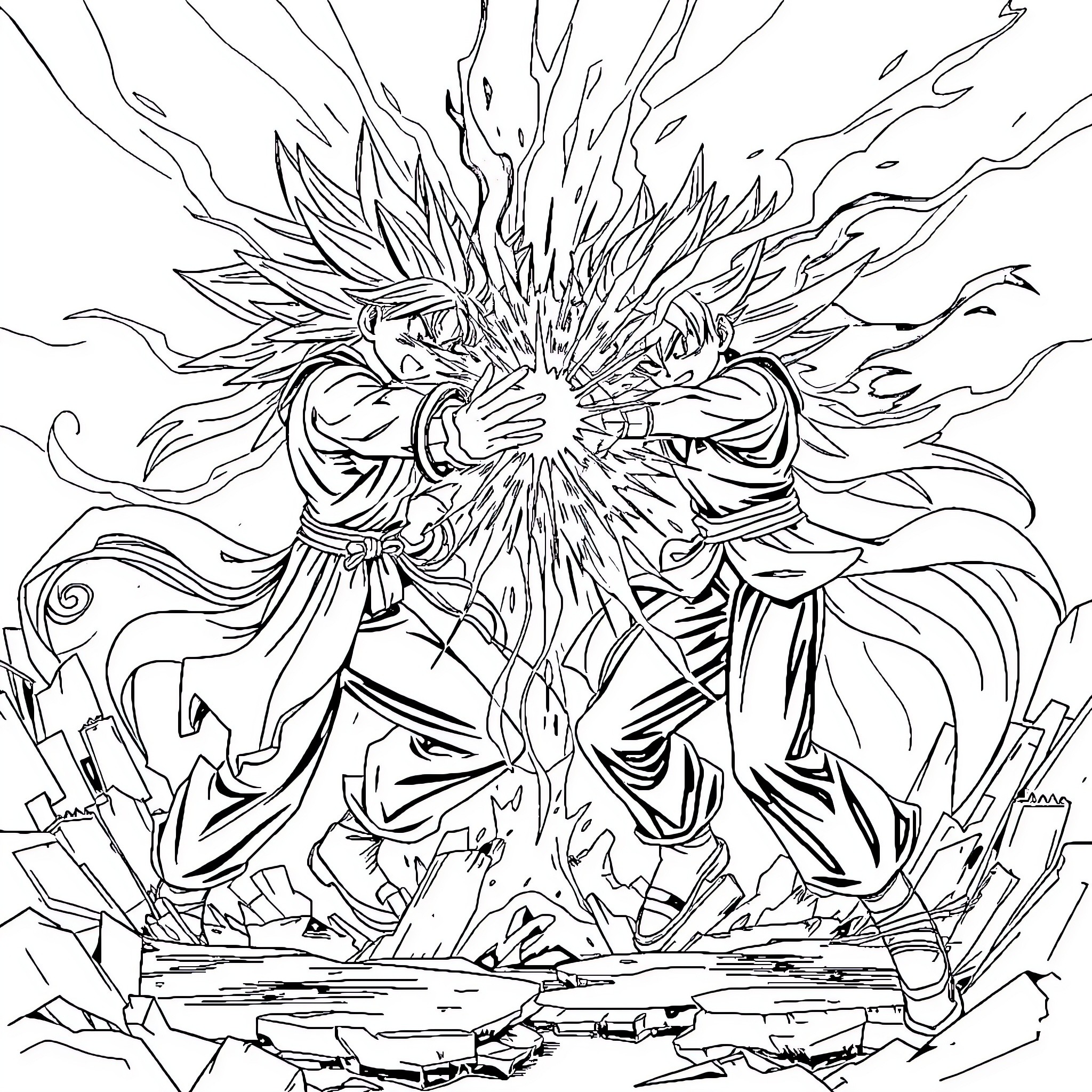 Anime Character in Dramatic Explosive Battle Pose Coloring Page (free black-and-white line drawing printable PDF for all, from beginners to advanced learners, including children, teens, adults, and seniors)