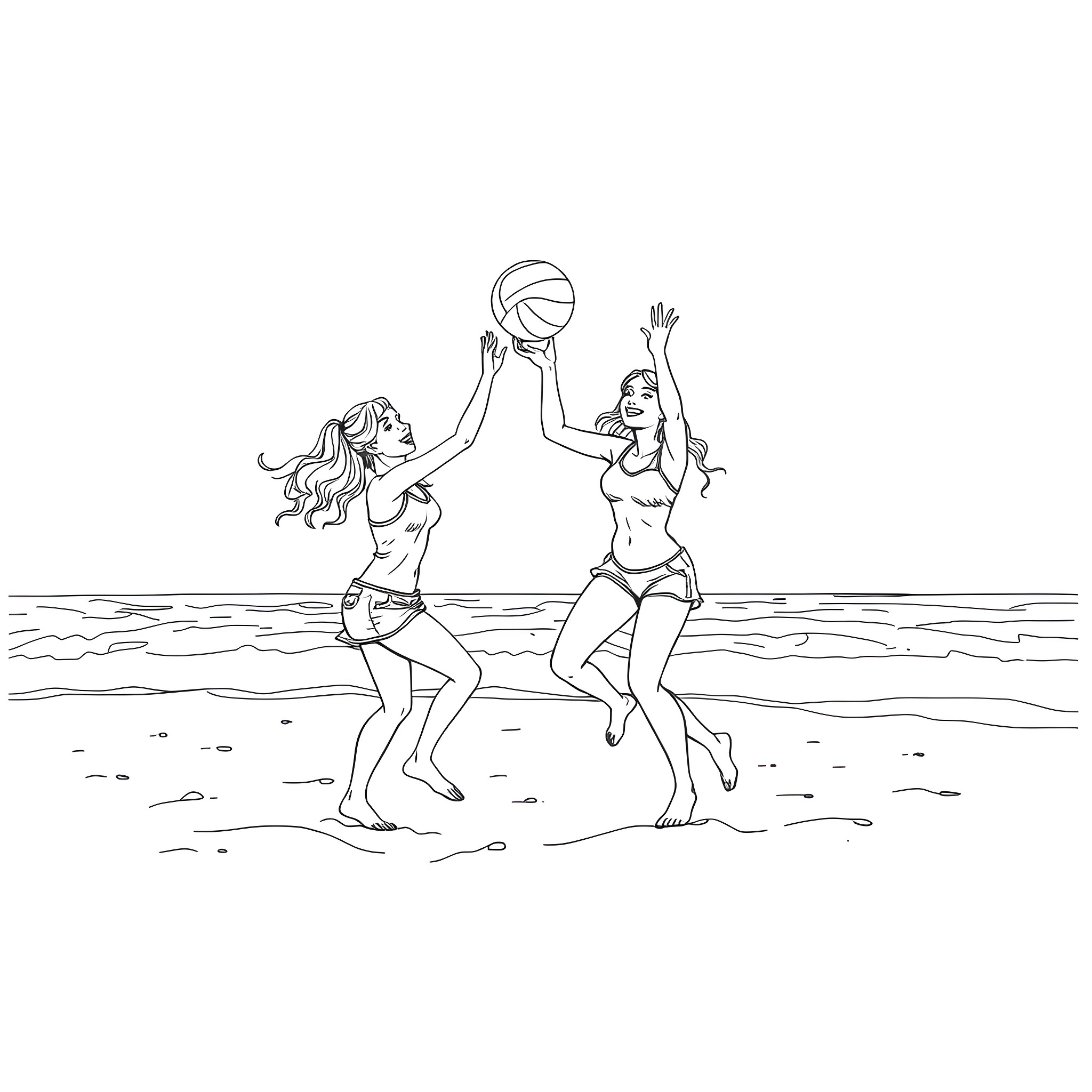 Girls playing beach volleyball on the shore Coloring Page (free black-and-white line drawing printable PDF for all, from beginners to advanced learners, including children, teens, adults, and seniors)