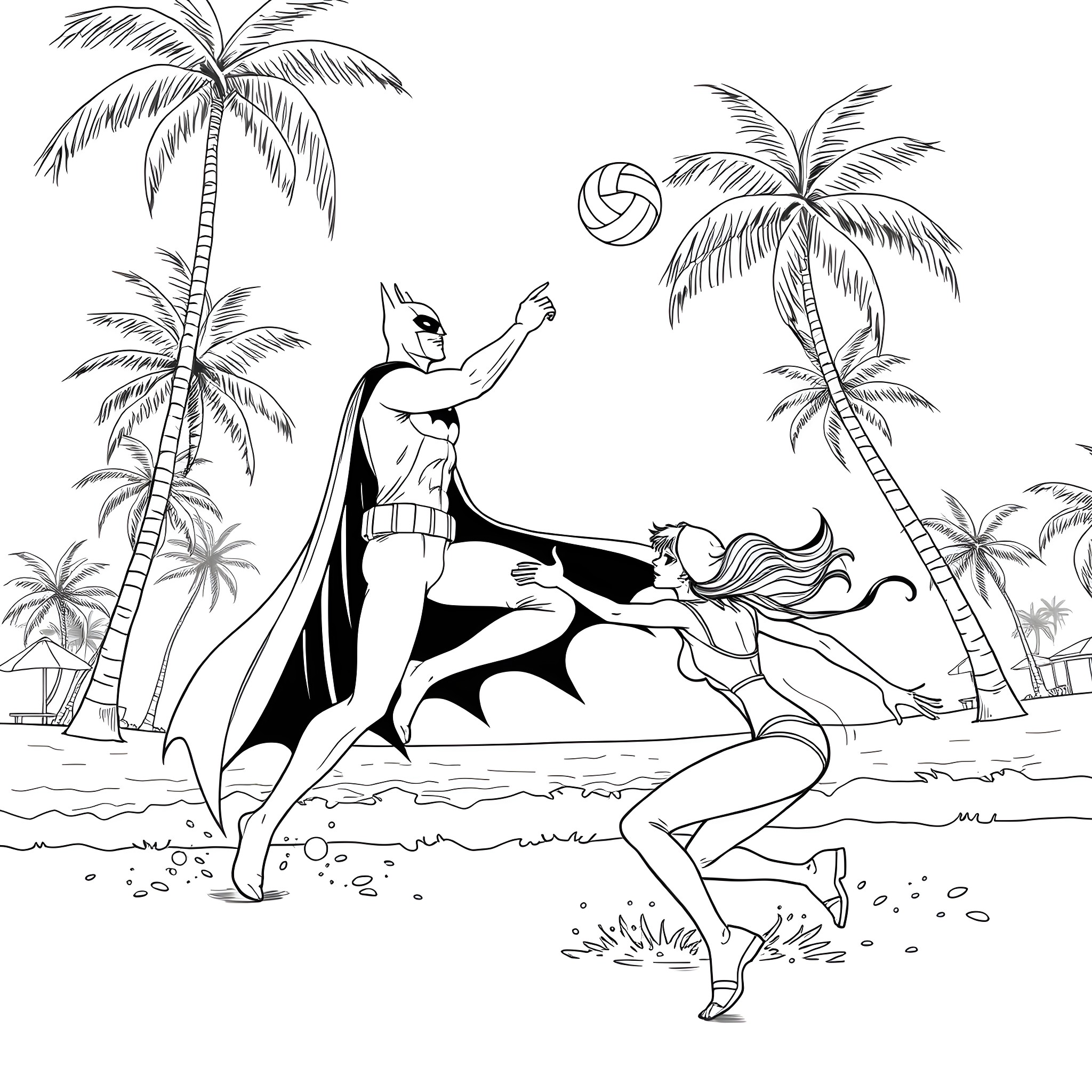 Batman and Batgirl playing volleyball on the beach Coloring Page (free black-and-white line drawing printable PDF for all, from beginners to advanced learners, including children, teens, adults, and seniors)