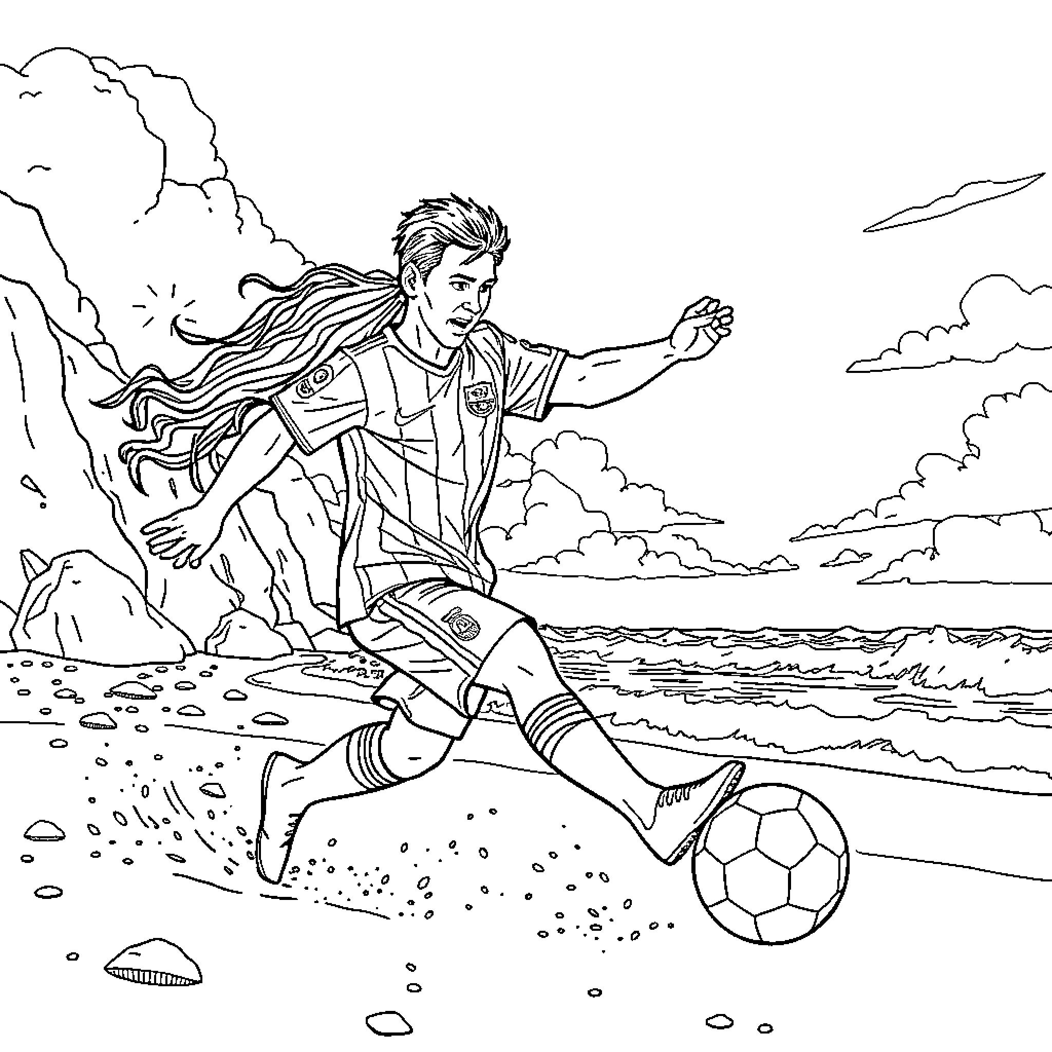 Messi playing football on the beach Coloring Page (free black-and-white line drawing printable PDF for all, from beginners to advanced learners, including children, teens, adults, and seniors)