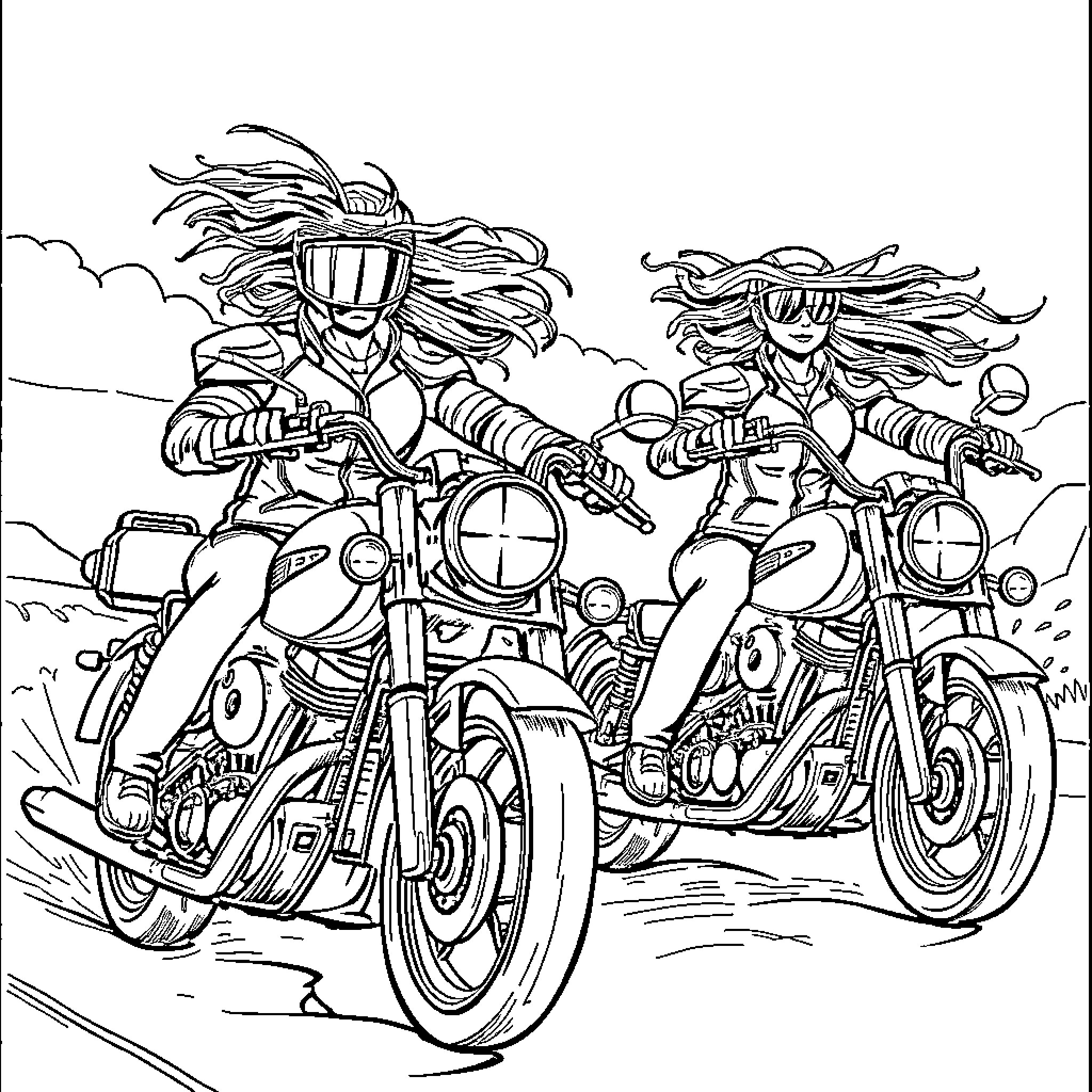 Motorcycle Riders Speeding on Rocky Terrain Coloring Page (free black-and-white line drawing printable PDF for all, from beginners to advanced learners, including children, teens, adults, and seniors)