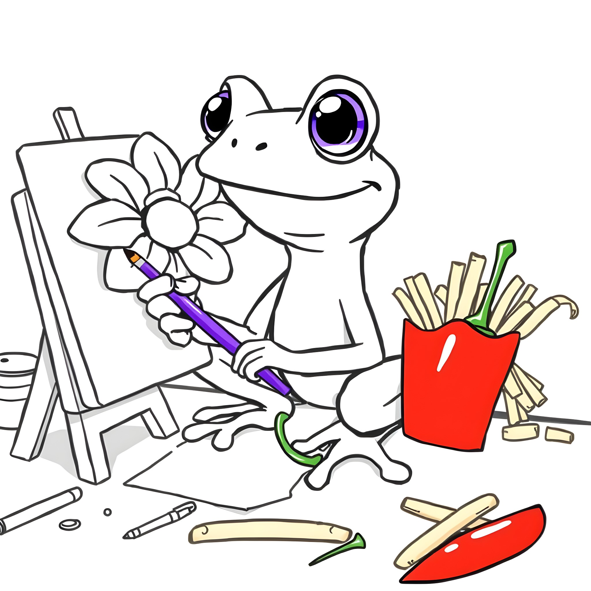 Frog painting a flower with art supplies Coloring Page (free black-and-white line drawing printable PDF for all, from beginners to advanced learners, including children, teens, adults, and seniors)