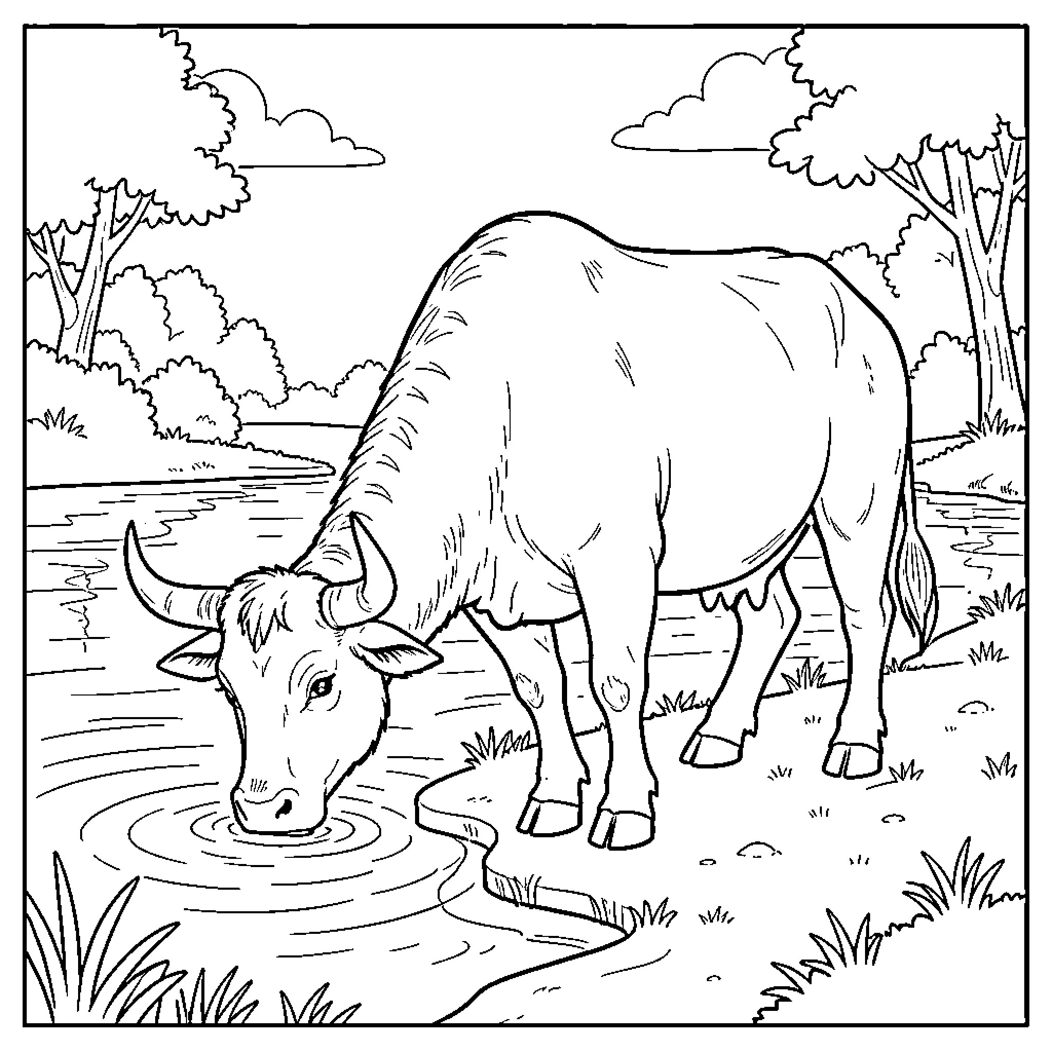 Buffalo drinking water from a peaceful river Coloring Page (free black-and-white line drawing printable PDF for all, from beginners to advanced learners, including children, teens, adults, and seniors)