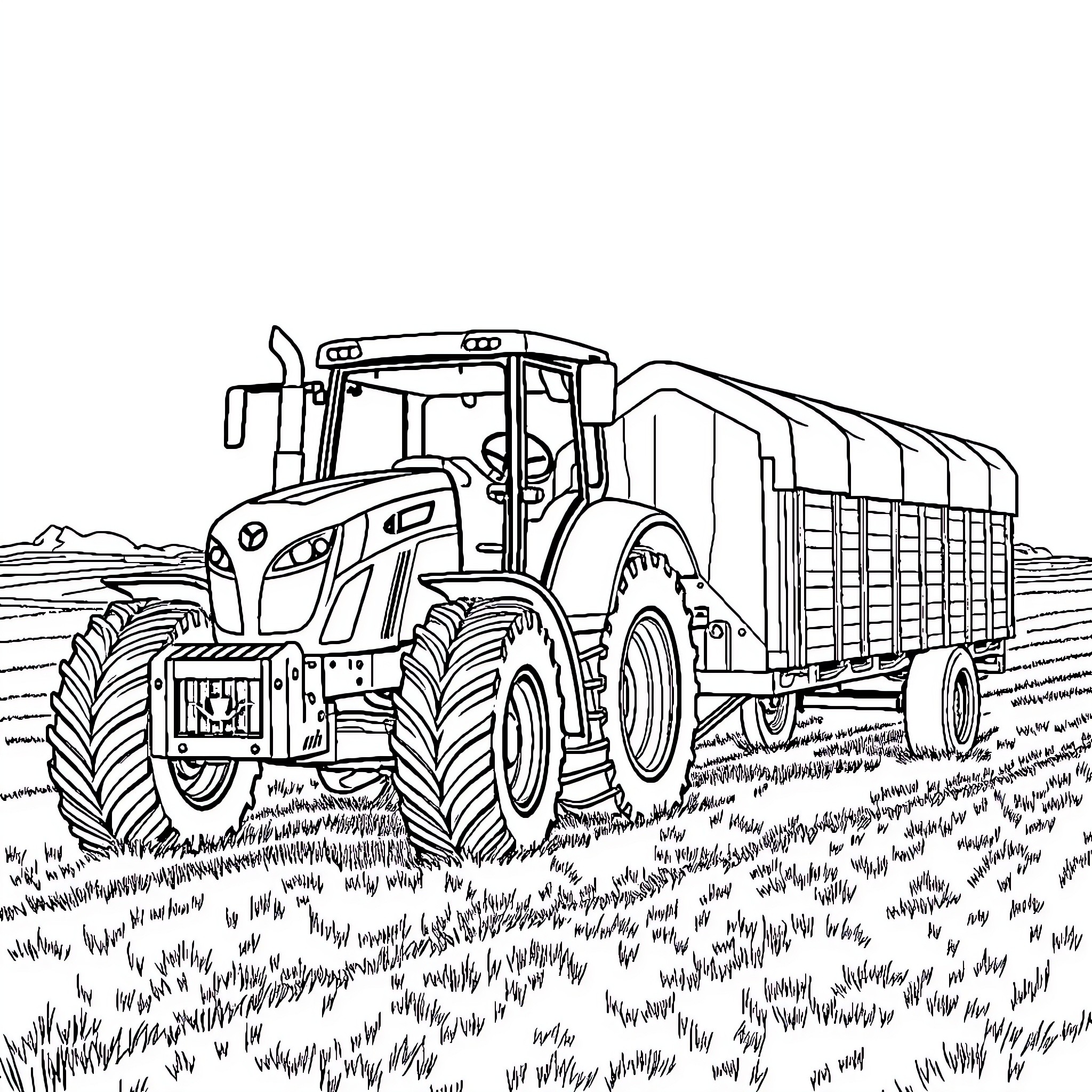 Tractor transporting crops across rural landscape Coloring Page (free black-and-white line drawing printable PDF for all, from beginners to advanced learners, including children, teens, adults, and seniors)