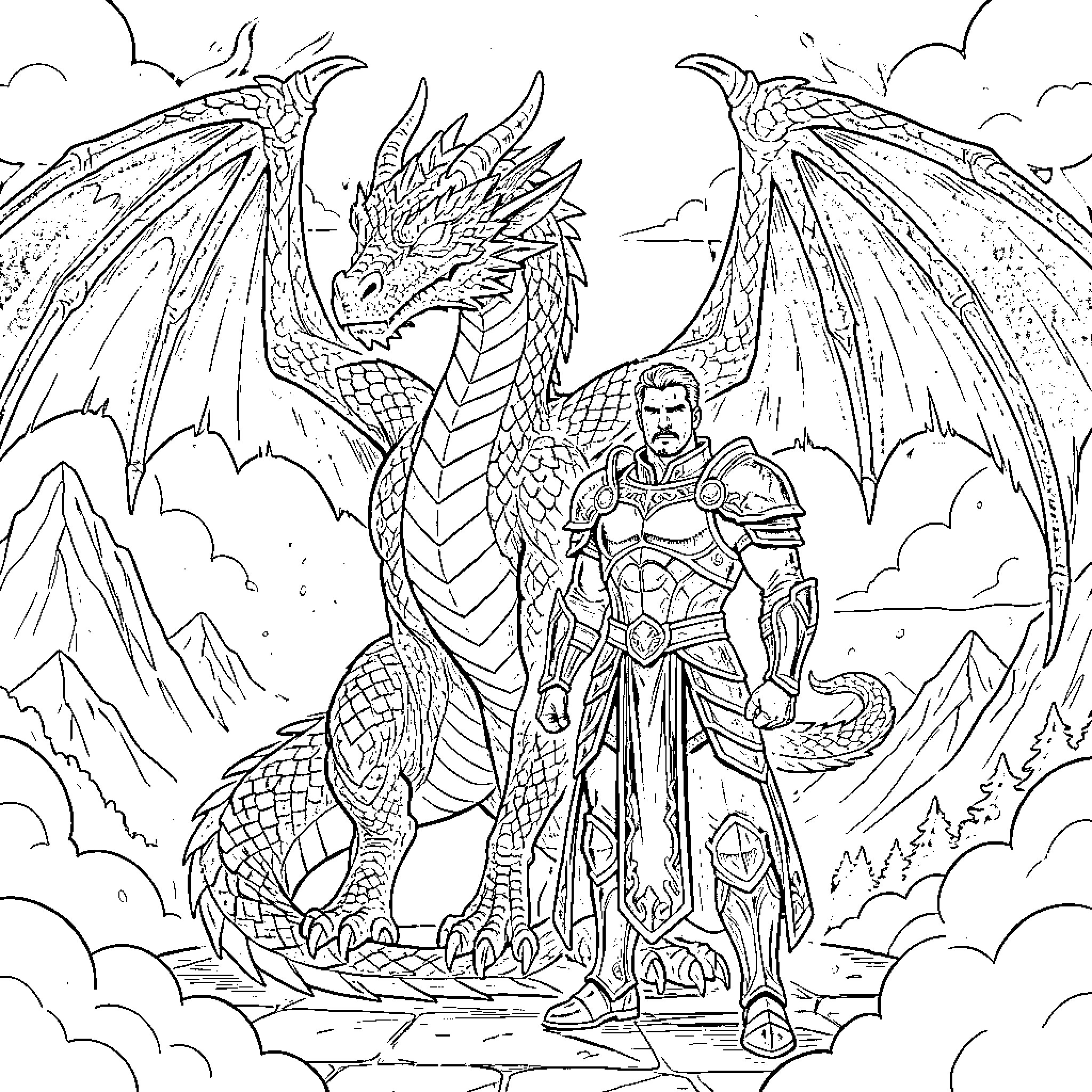 Man in Armored Suit Facing Majestic Dragon Coloring Page (free black-and-white line drawing printable PDF for all, from beginners to advanced learners, including children, teens, adults, and seniors)