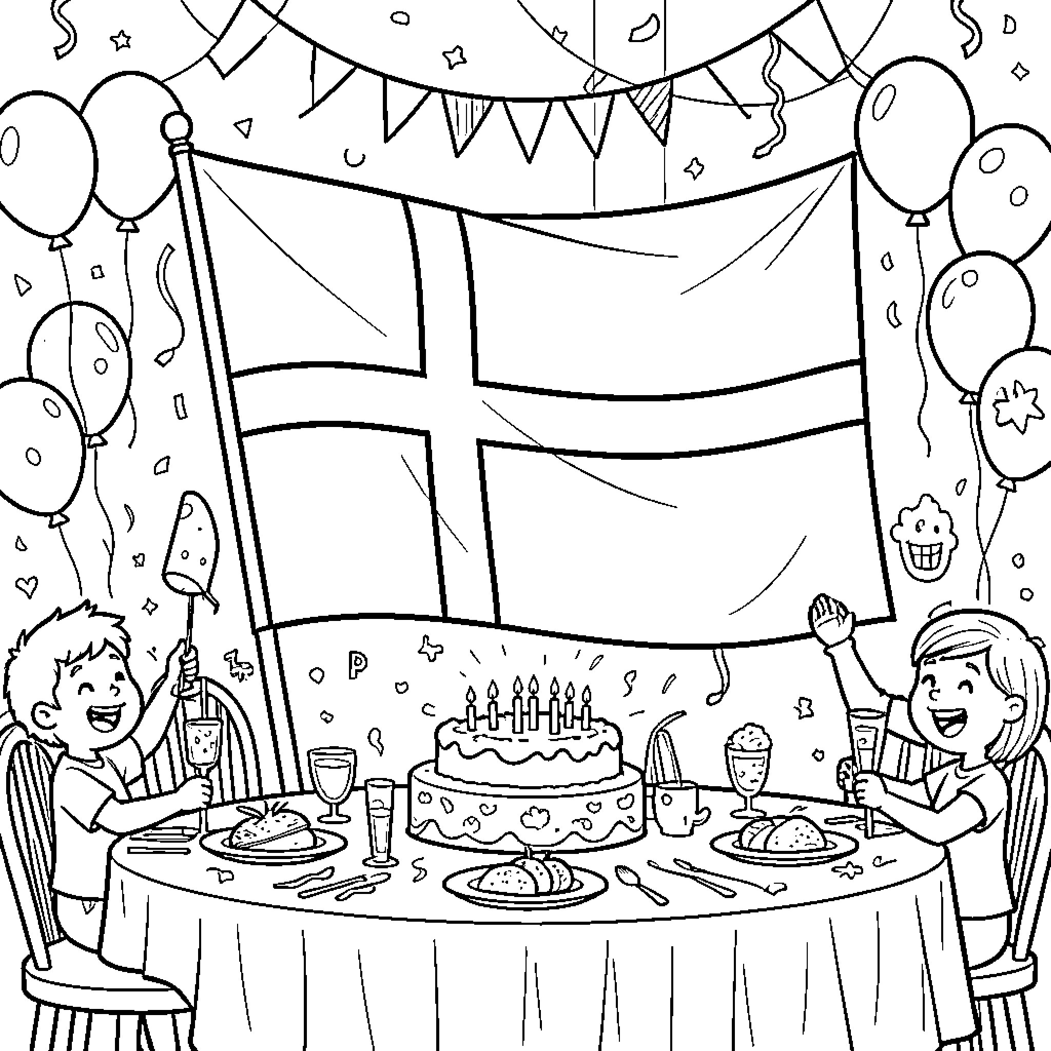 Danish Flag celebrating a happy birthday party scene Coloring Page (free black-and-white line drawing printable PDF for all, from beginners to advanced learners, including children, teens, adults, and seniors)