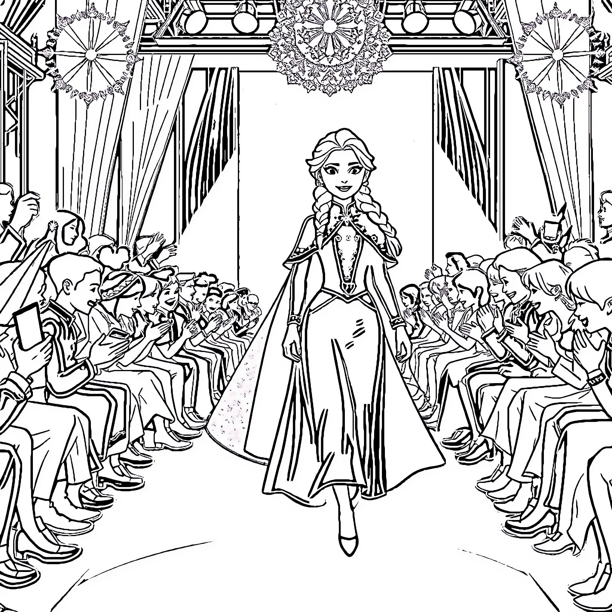 Anna and Elsa in a Formal Winter Gala Coloring Page (free black-and-white line drawing printable PDF for all, from beginners to advanced learners, including children, teens, adults, and seniors)