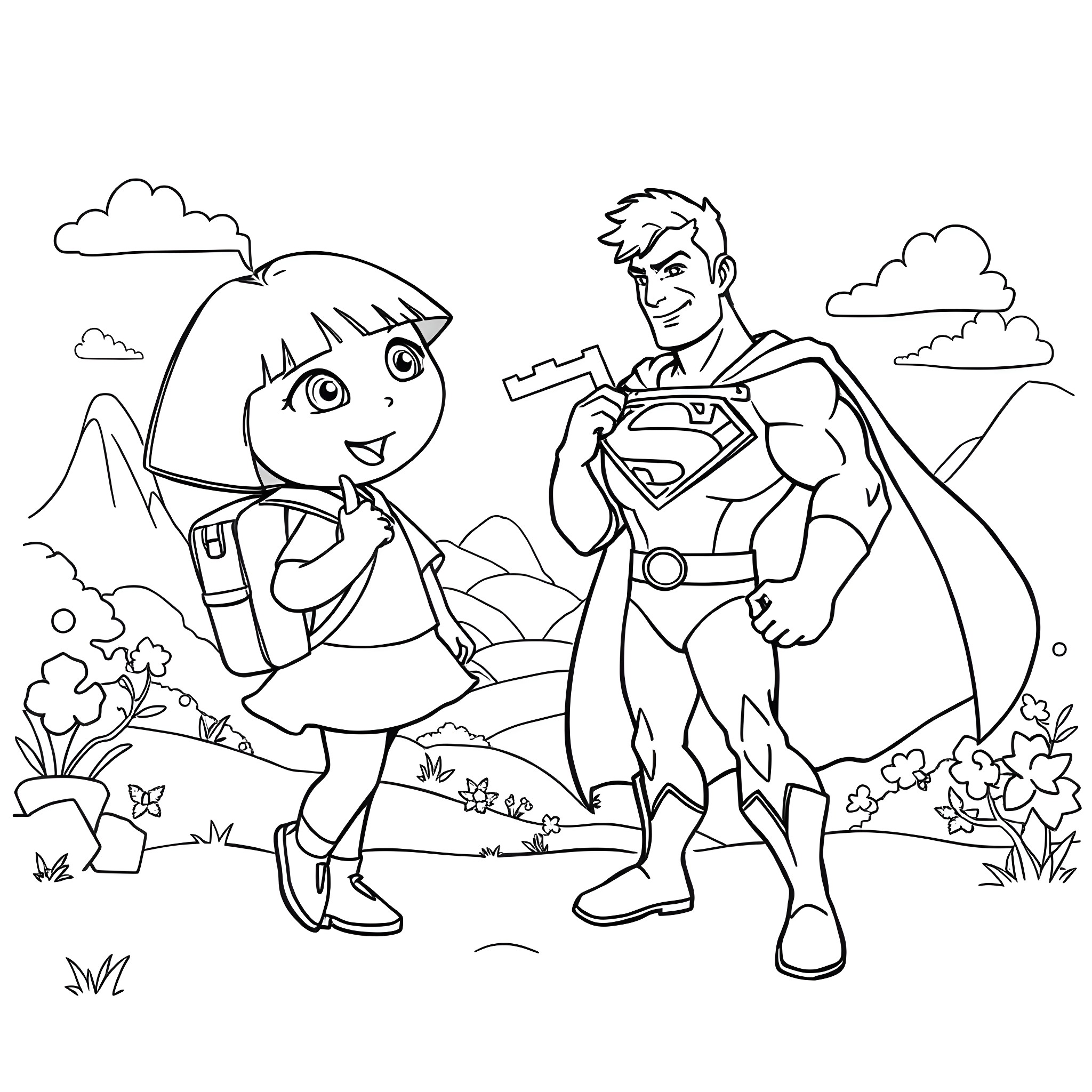 Dora meets a superhero in the mountains Coloring Page (free black-and-white line drawing printable PDF for all, from beginners to advanced learners, including children, teens, adults, and seniors)