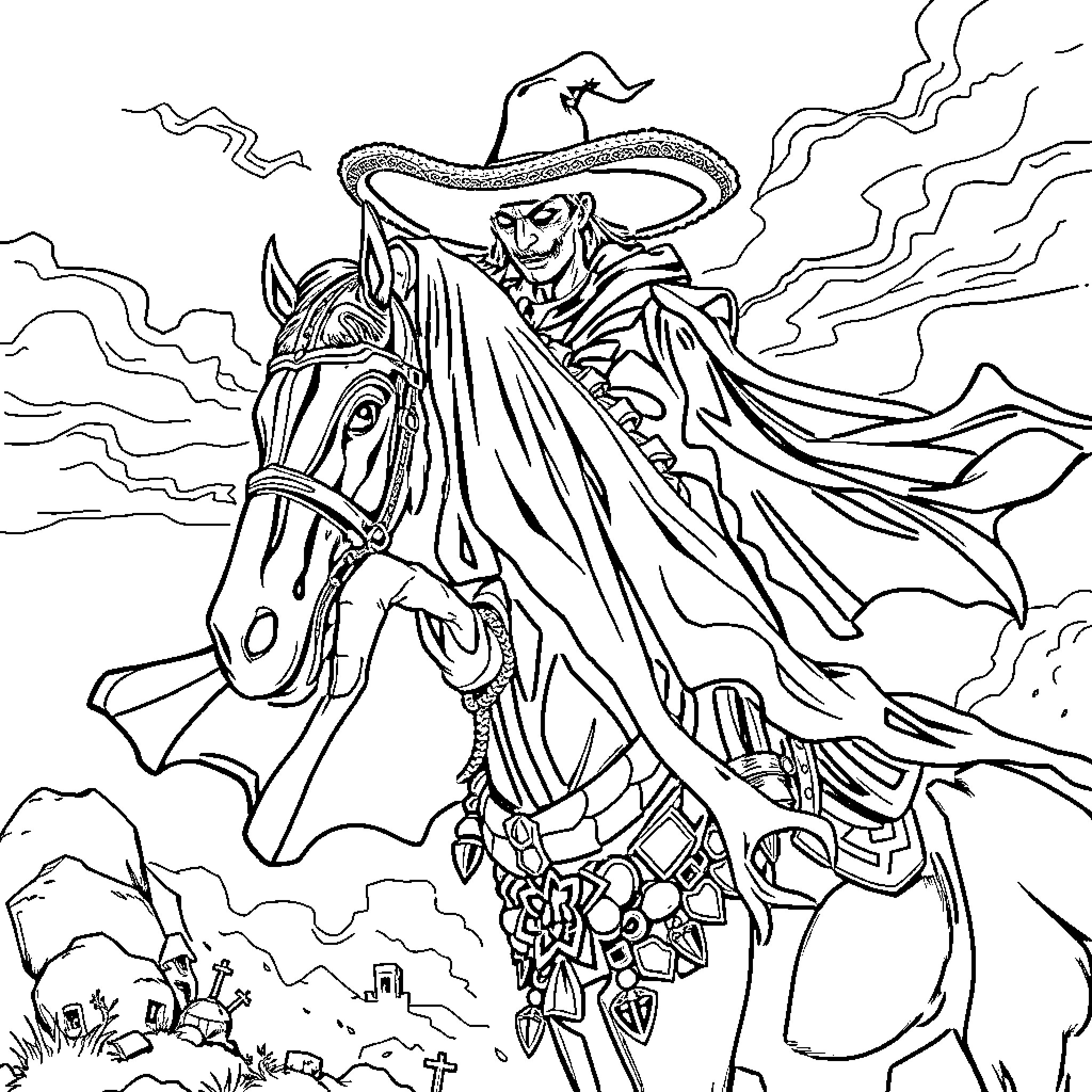 Charro Negro riding a majestic horse in the storm Coloring Page (free black-and-white line drawing printable PDF for all, from beginners to advanced learners, including children, teens, adults, and seniors)